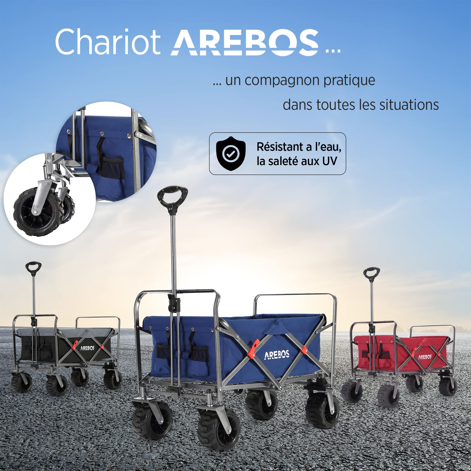 Arebos Chariot Pliable de Transport | Bollerwagen Pliable Tout-Terrain avec Roues XL | Chariot de Jardin et Plage | Chariot de Courses Robuste pour Camping, Pique-Nique et Loisirs | Bleu