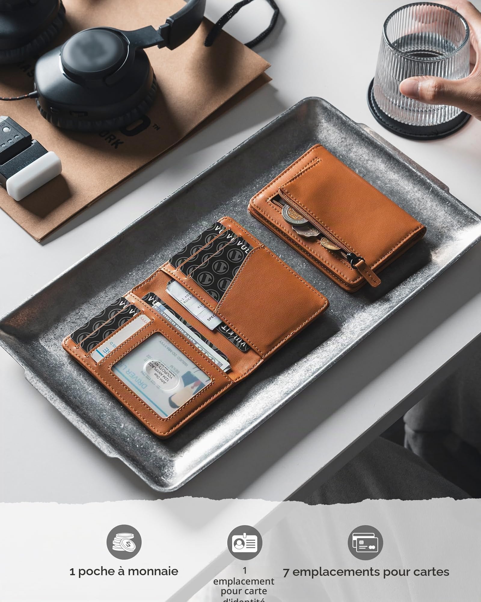 VULKIT Petit Portefeuille Homme Cuir Porte Carte Homme RFID Porte Carte Bancaire avec Portemonnaie & Fenêtre d'ID, Marron
