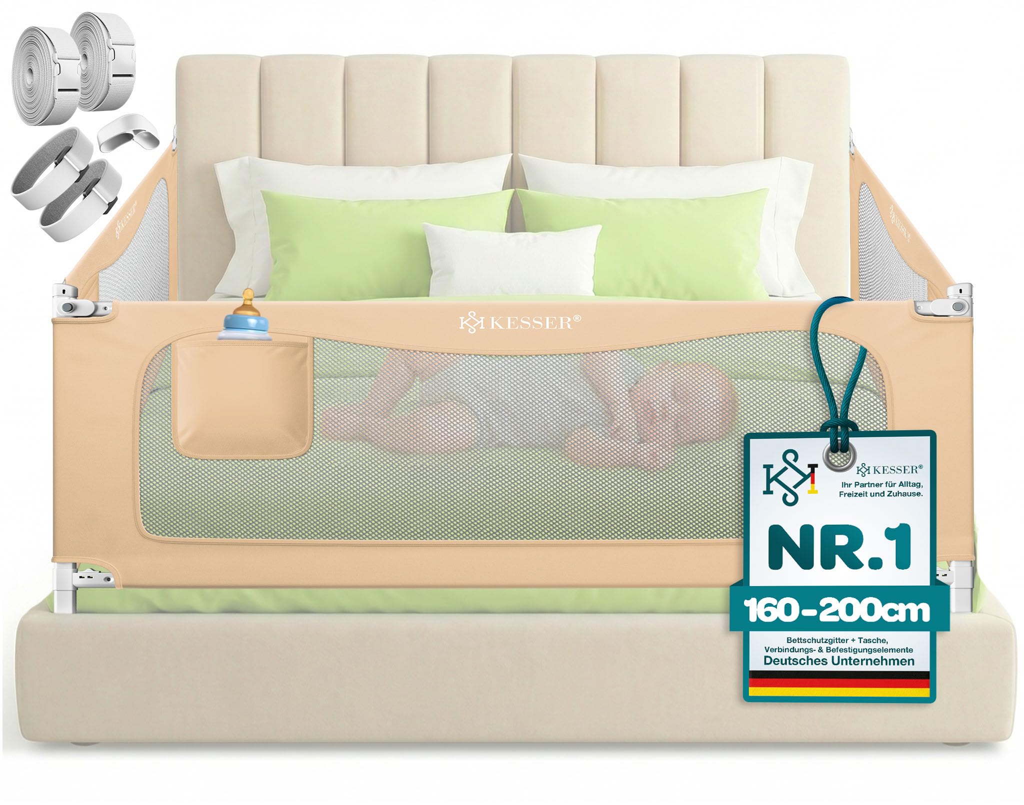 KESSER® Bettschutzgitter 180 cm, Bettgitter Kinderbett höhenverstellbar | Rausfallschutz Bett für Baby & Kleinkind mit Kindersicherung, vertikal absenkbar, leicht montierbar, waschbar, Beige
