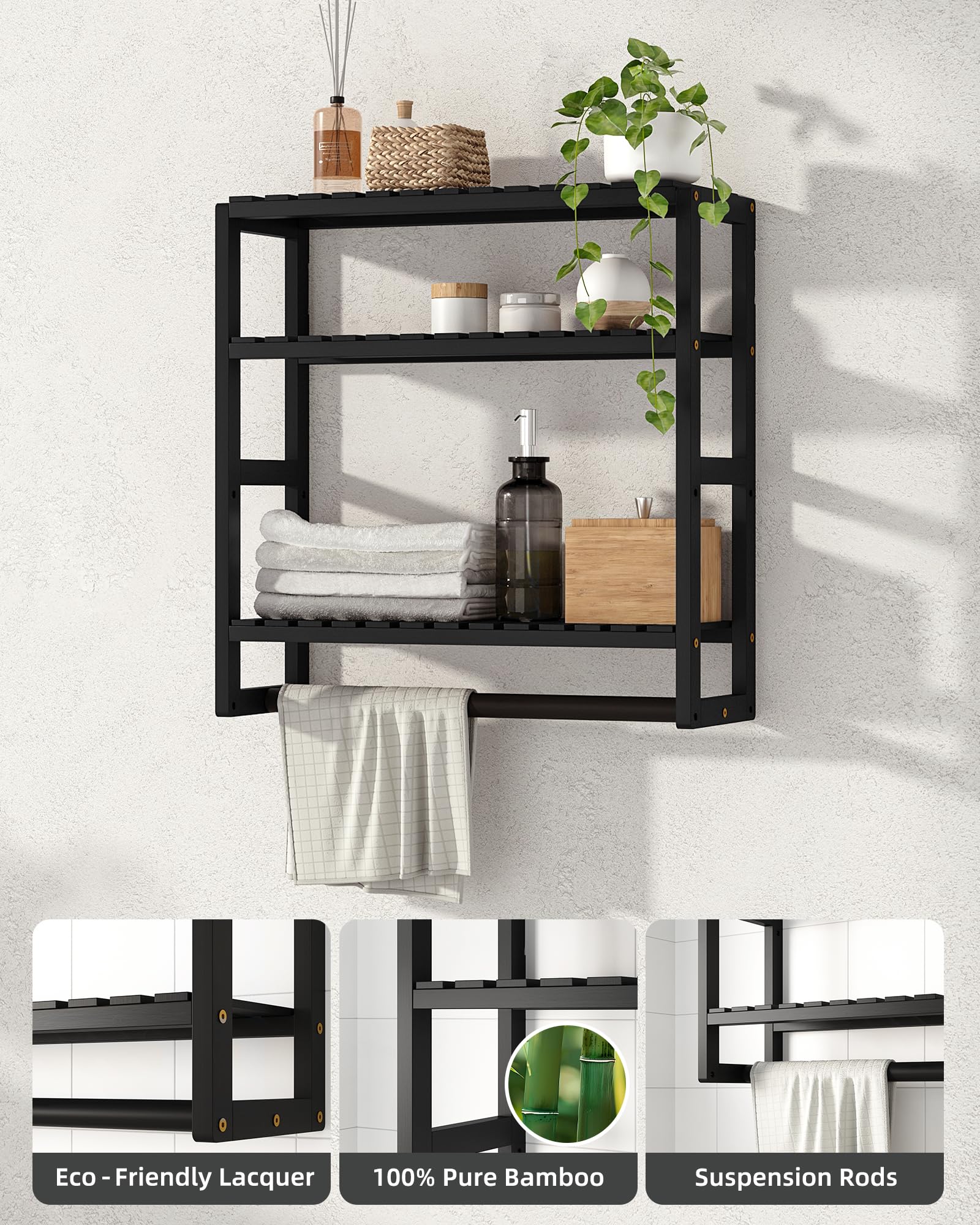 Galood Estantes de baño para almacenamiento sobre el inodoro, montados en la pared, 3 niveles, negro, L