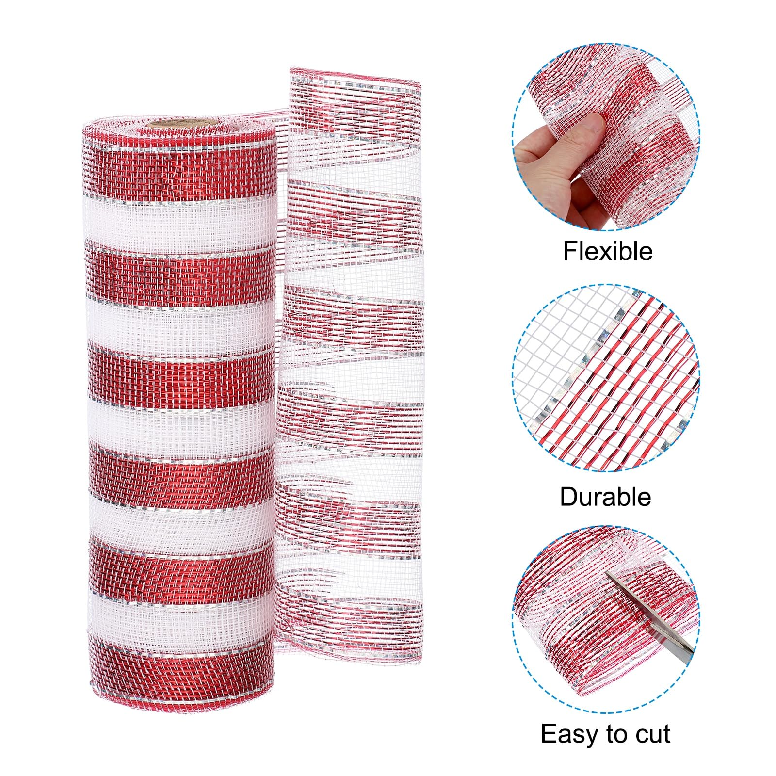 PATIKIL Decorative Mesh Ribbon, 10 Inch x 10 Yard Mesh Ribbon Roll Foil Metallic for Christmas Tree Wreath Decoration Laser Red White - Image 3
