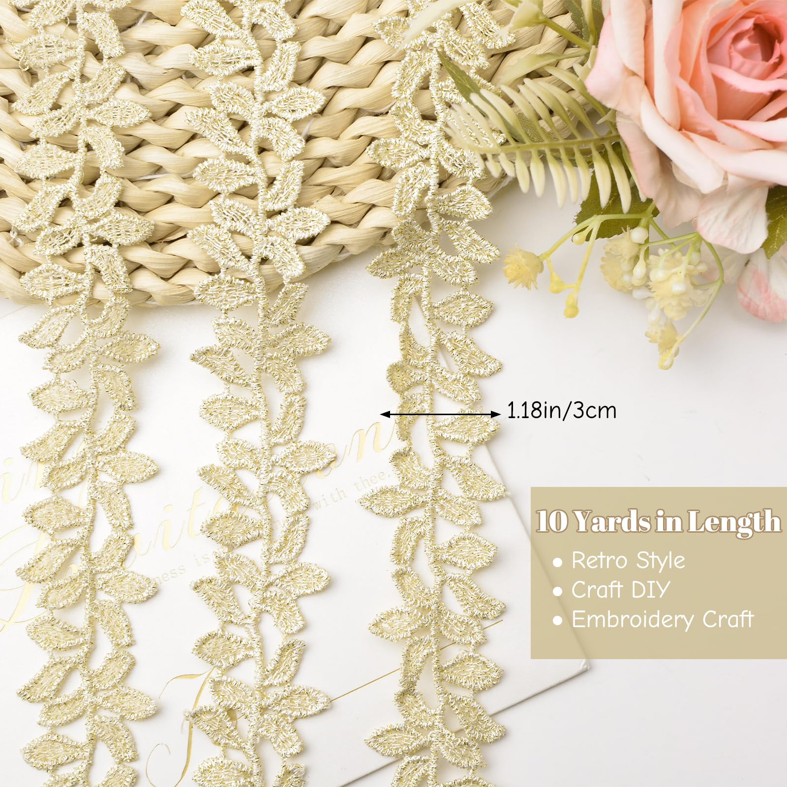 URROMA Pale Gold Leaves Lace Trim, 10 Yards Fabric Lace Trim Ribbon for DIY Sewing Craft Wedding Ribbon - Image 2