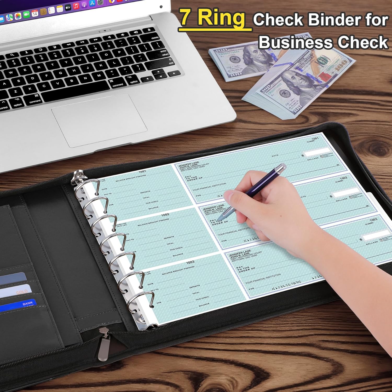 Antner Zippered 7 Ring Business Checkbook Binder Portfolio for 3-on-a-Page Business Checks, 600 Checks Capacity, PU Leather Check Book Binder Cover with Zipper Pouch & Dividers for 9x13 Sheets, Black