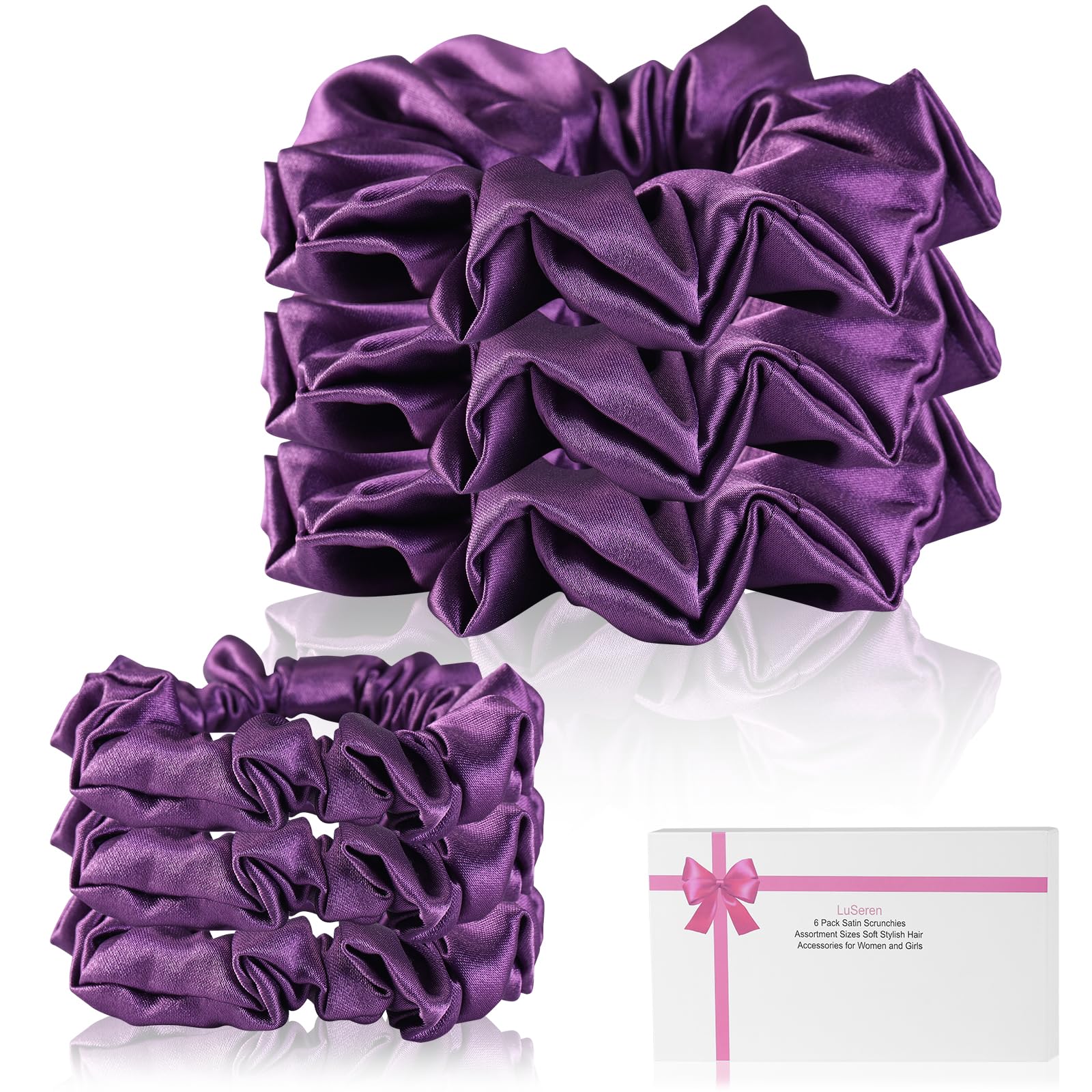 LuSeren 6 Pack Silk Satin Scrunchies for Women -Assortment Sizes Soft Stylish Silk Hair Scrunchies Hair Bands Hair Ties Ropes for Women and Girls Hair Accessories,Purple