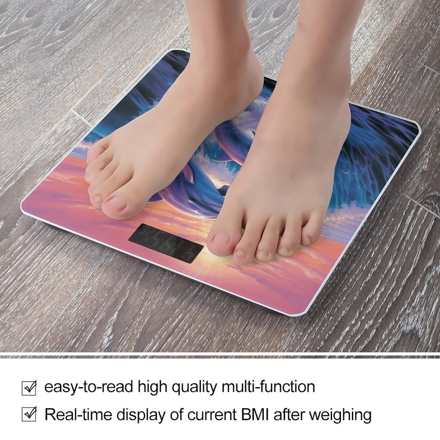 Dolphins Art Bathroom Scale Large LCD Backlight Display Digital Scale Rounded Corners Body Scales Automatic Power On/Off Bathroom Scales for Home Bedrooms