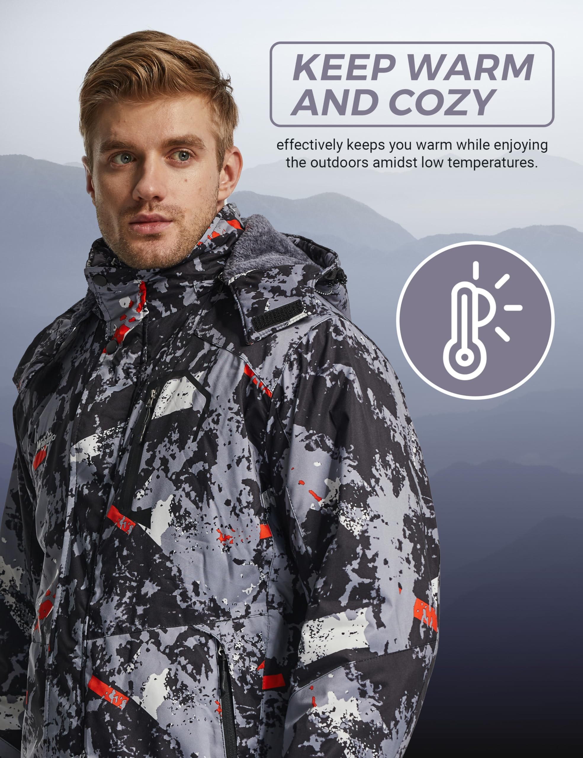 Wantdo Giacca da Sci Montagna Calda Invernale Parka da Neve Imbottita Cappotto da Snowboard in Pile Giubbotto con Cappuccio Impermeabile Uomo