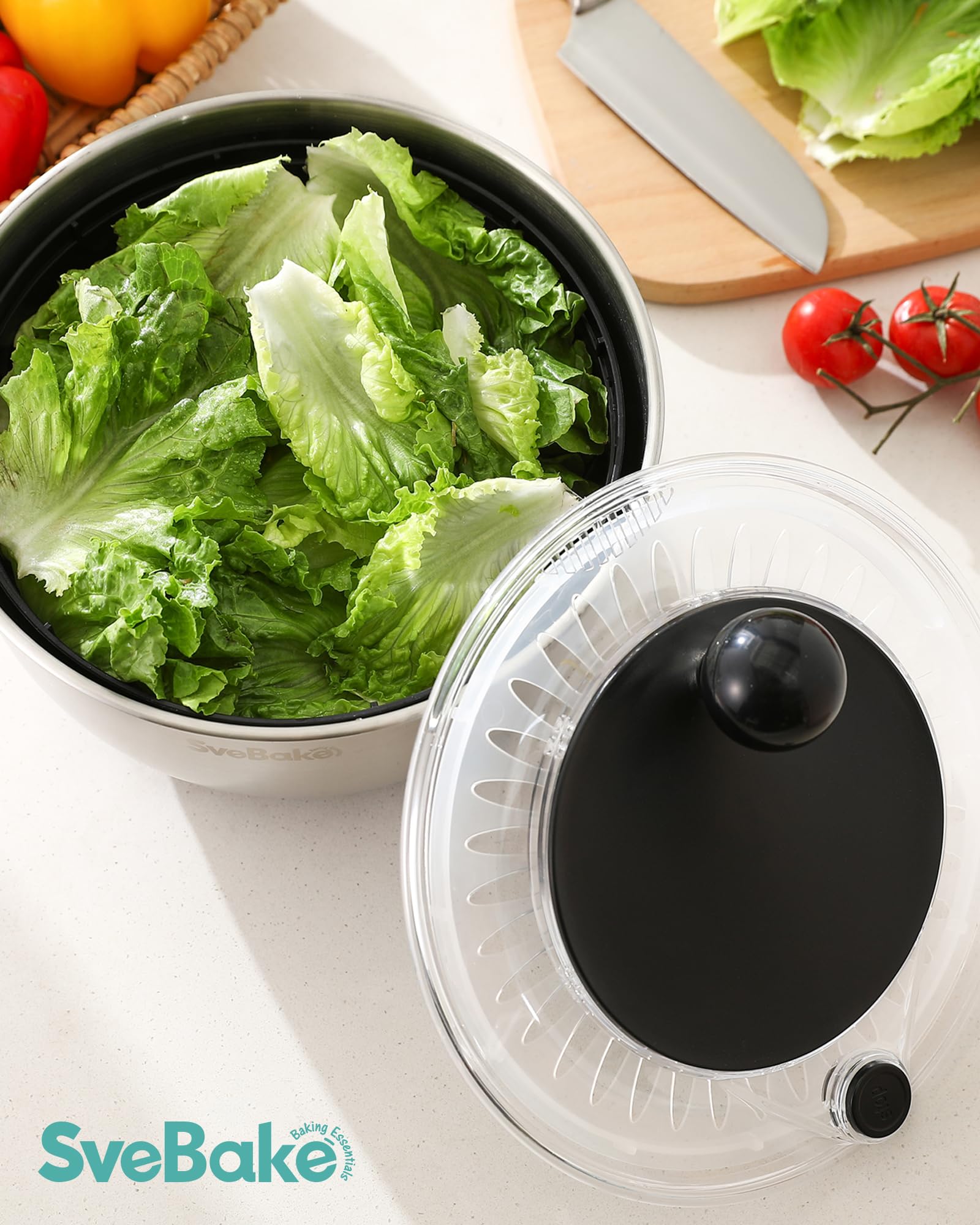 SveBake 5L Salatschleuder Edelstahl mit Stopptaste, BPA-Freie Gemüse Salatschleudern, Transparenter Deckel und Abflussloch, rutschfeste Unterseite, Spülmaschinenfeste Salad Spinner