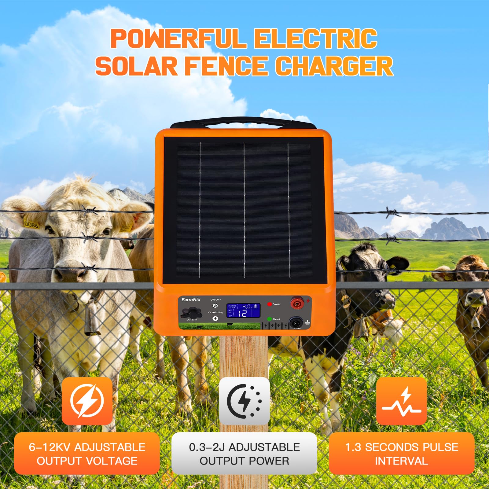 Pastor Eléctrico Solar 32KM con Batería Litio 18Ah, Salida Ajustable 6-12KV 0.3-2.0J, Panel Solar 6W IP55 para Caballos, Ganado, Ovejas, Jabalíes