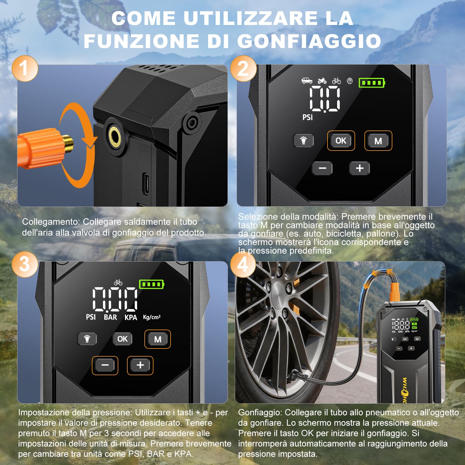 Avviatore Batteria auto 160PSI 9000A Booster Avviamento | WHZOHCAR Avviatore Emergenza per Auto 12V（Tutti Gas /12L Diesel） Jump Starter con Ricarica Rapida Torcia 600 Lumen LED