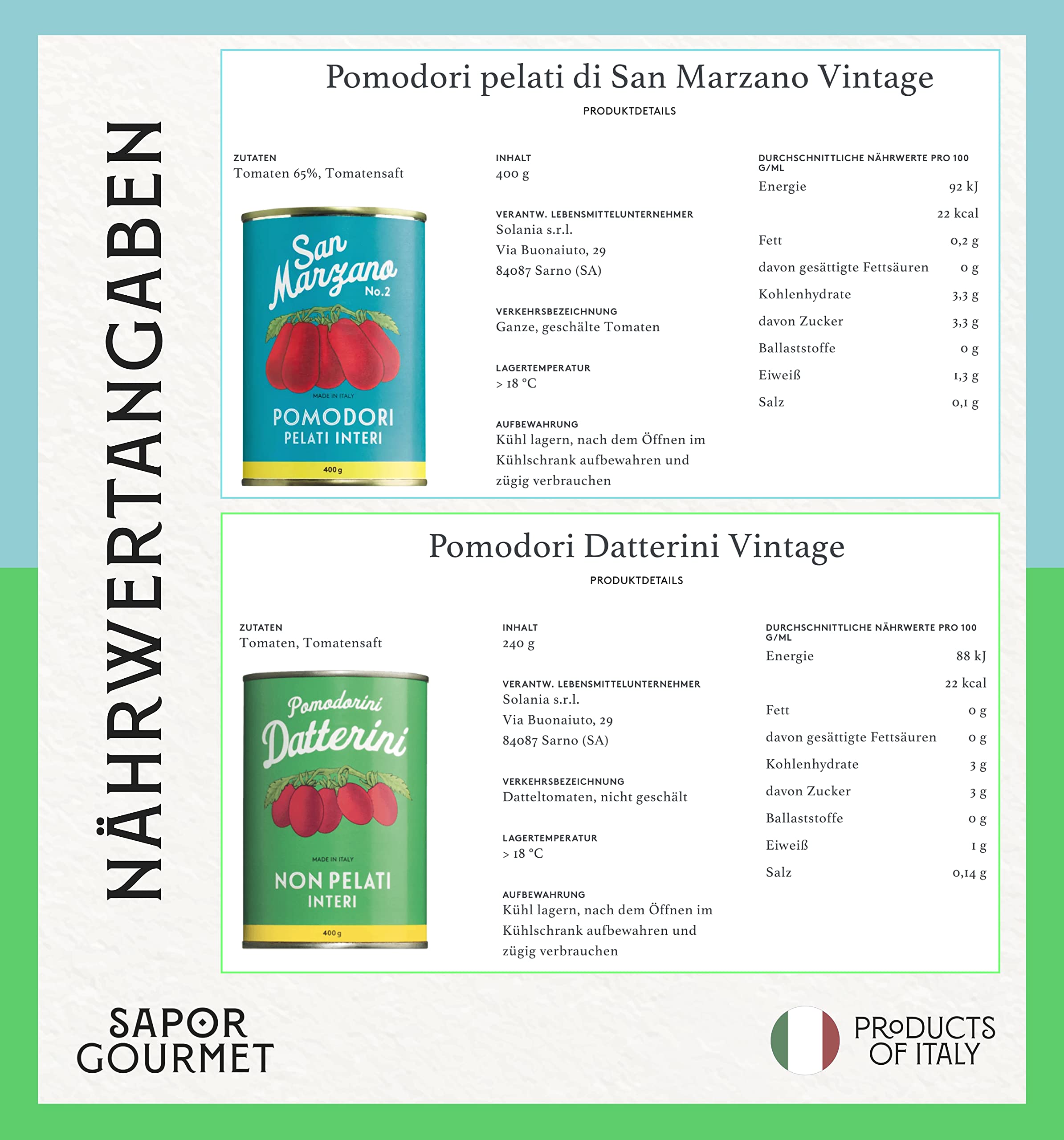 Sapor Design SAN MARZANO Tomaten aus Italien | Die besten Tomaten der Welt im Set | Dosentomaten, San Marzanos | Viele Varianten (San Marzano + Datterini (Türkis-grün), 24 Dosen)
