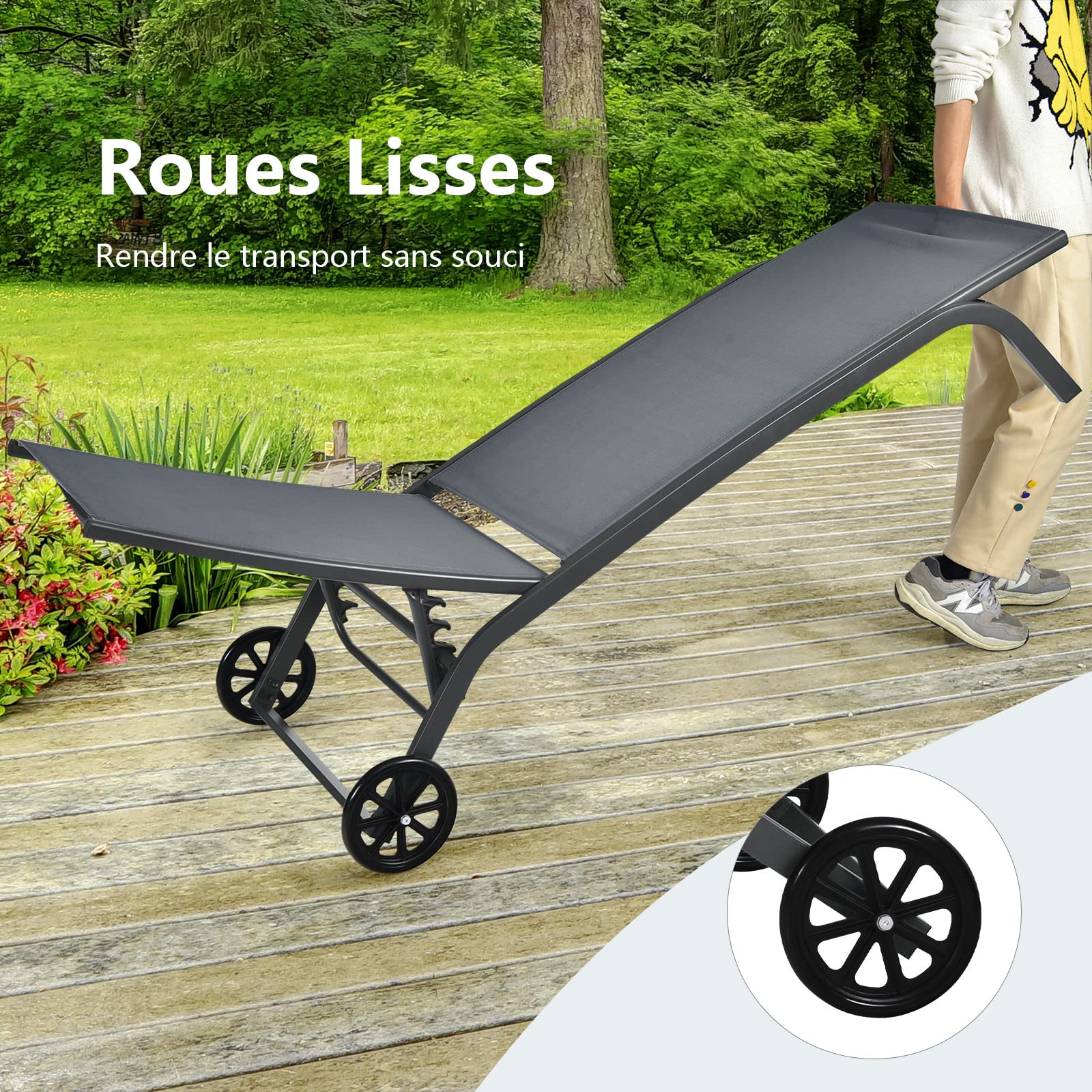 GOPLUS Transat Jardin Exterieur avec Dossier Réglable en 6 Positions, 191 x 187 x 35,5 CM, Bain de Soleil en Textilène Durable avec 2 Roue, Charge 150 KG, pour Piscine, Terrasse (1, Gris)