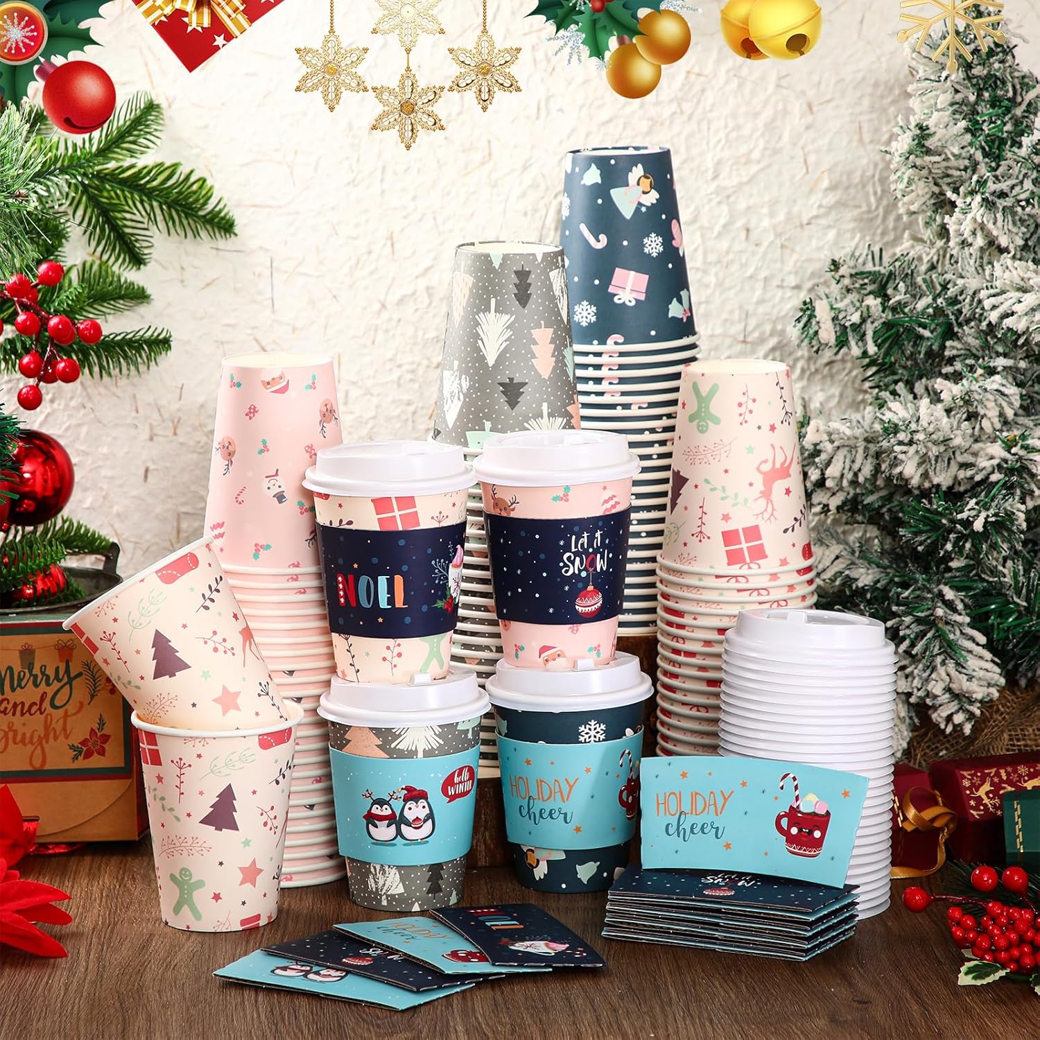 Yungyan  12 oz Christmas Disposable Coffee Cups with Lids and Sleeves Insulated Paper Coffee Cups with Dome Lids and Sleeves for Christmas Hot Chocolate Party Supplies(Lovely)