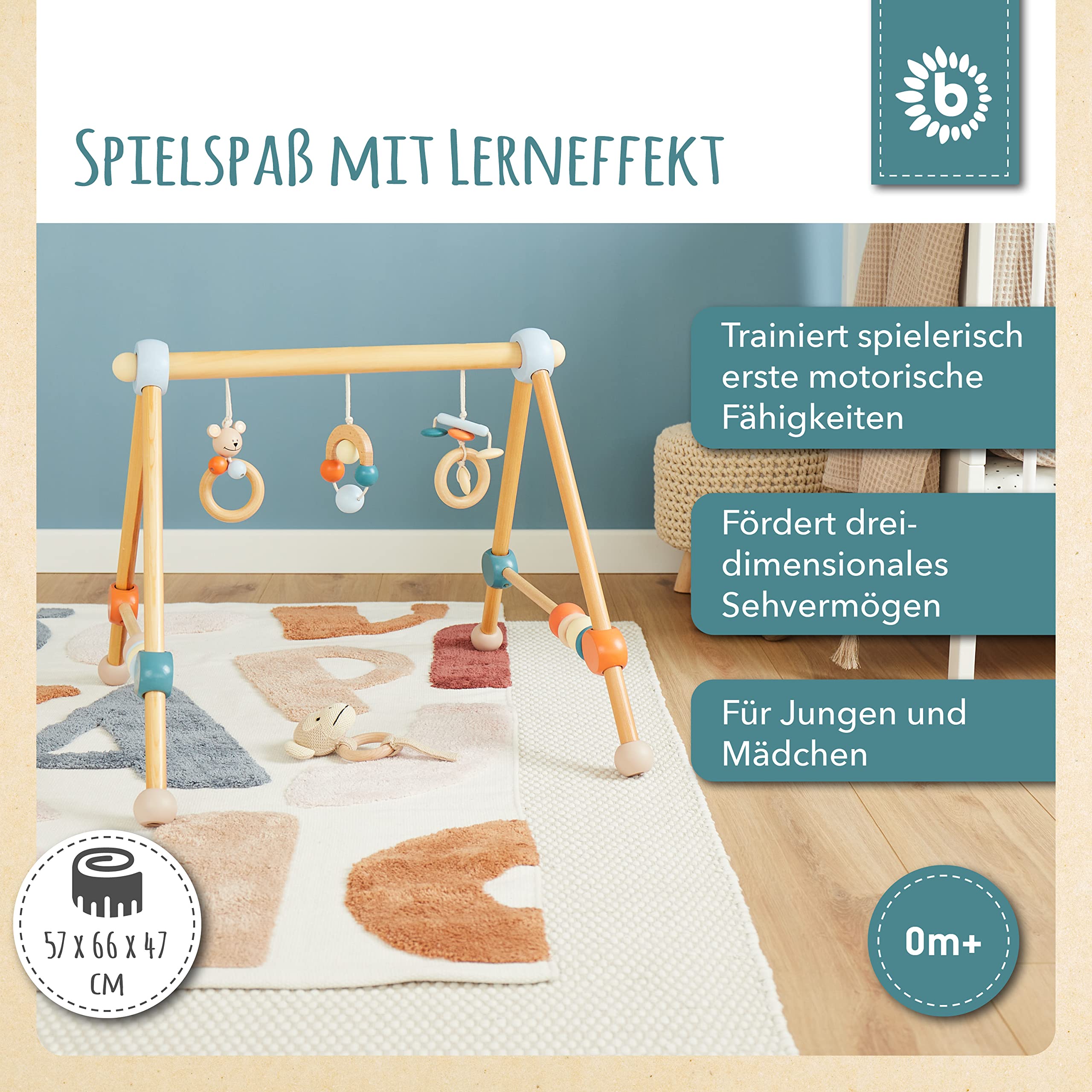 Bieco Spieltrapez | Spielbogen für Babys -Figuren, Rasseln, Kugeln | Spielebogen Holz Baby | Spieltrapez Baby Mobile Holz | Activity Center Baby Gym Spielzeug
