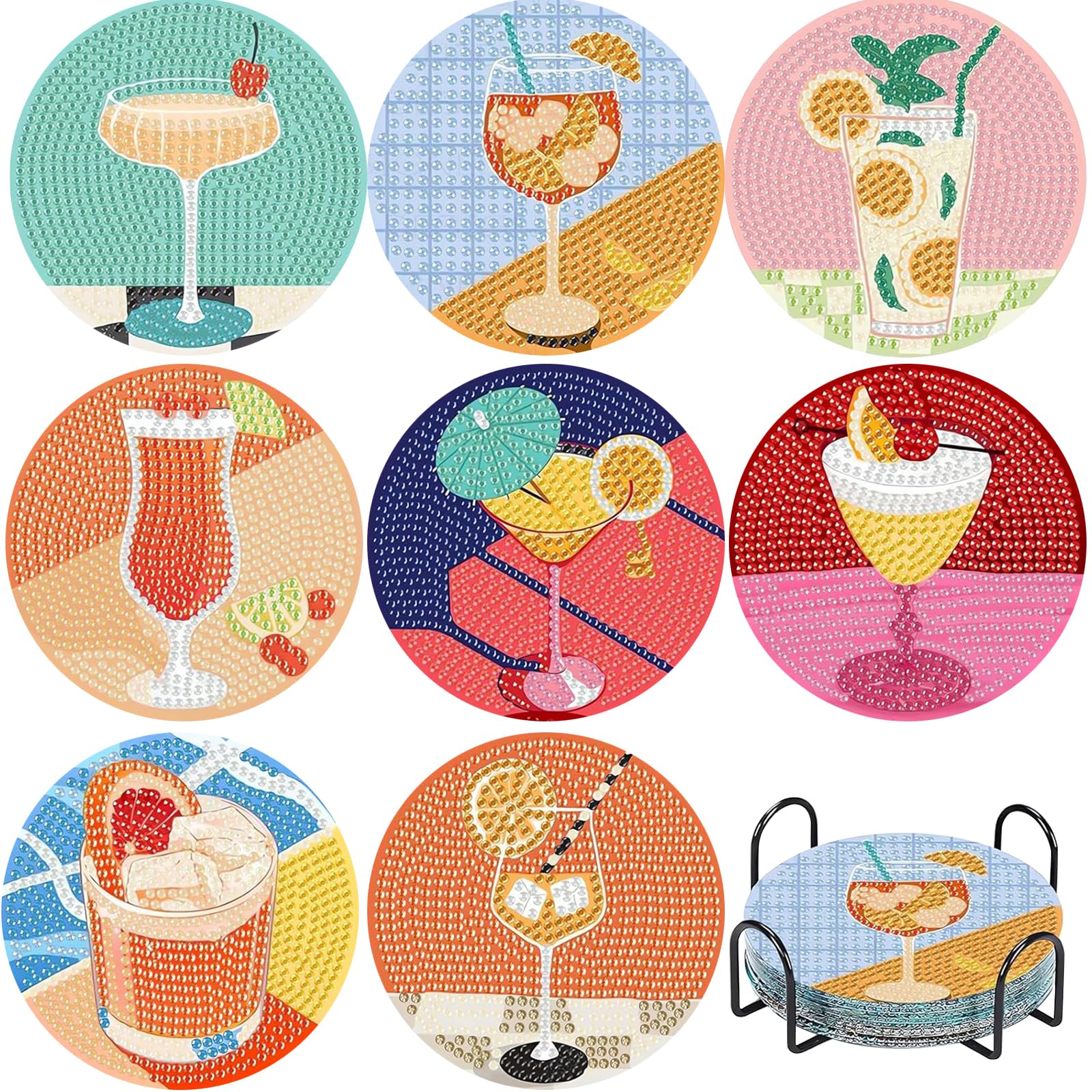 8 PCS Posavasos de Pintura Diamantes con Soporte, Posavasos de Diamantes, Posavasos de Arte de Diamantes con Estilo cóctel Antideslizantes Vasos para Bebidas de Bar, Principiantes, Adultos y Niños