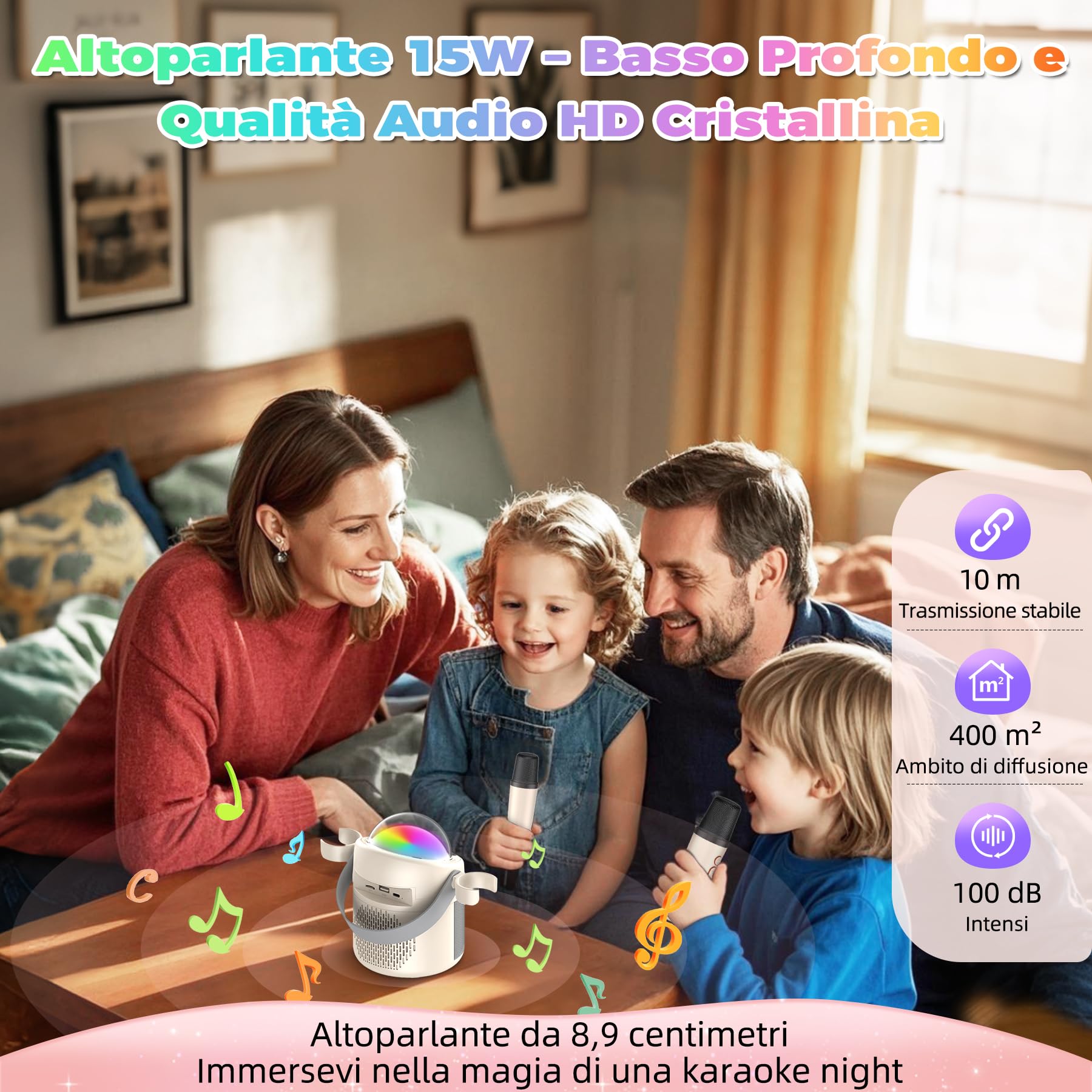 Karaoke Portatile Per Bambini - 2 Microfoni Wireless, Luci LED, Bluetooth, Effetti Voce - Foto 2