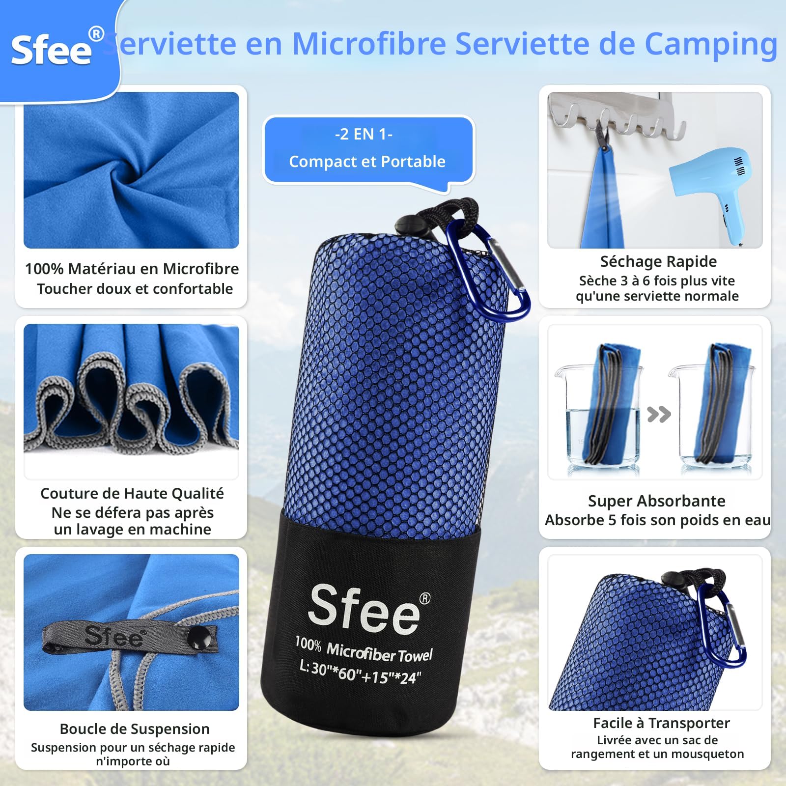 Lot De 2 Serviettes Microfibre Séchage Rapide – 60x30 Cm, Gris Foncé Et Bleu Marine – Pour Sport, Voyage, Plage