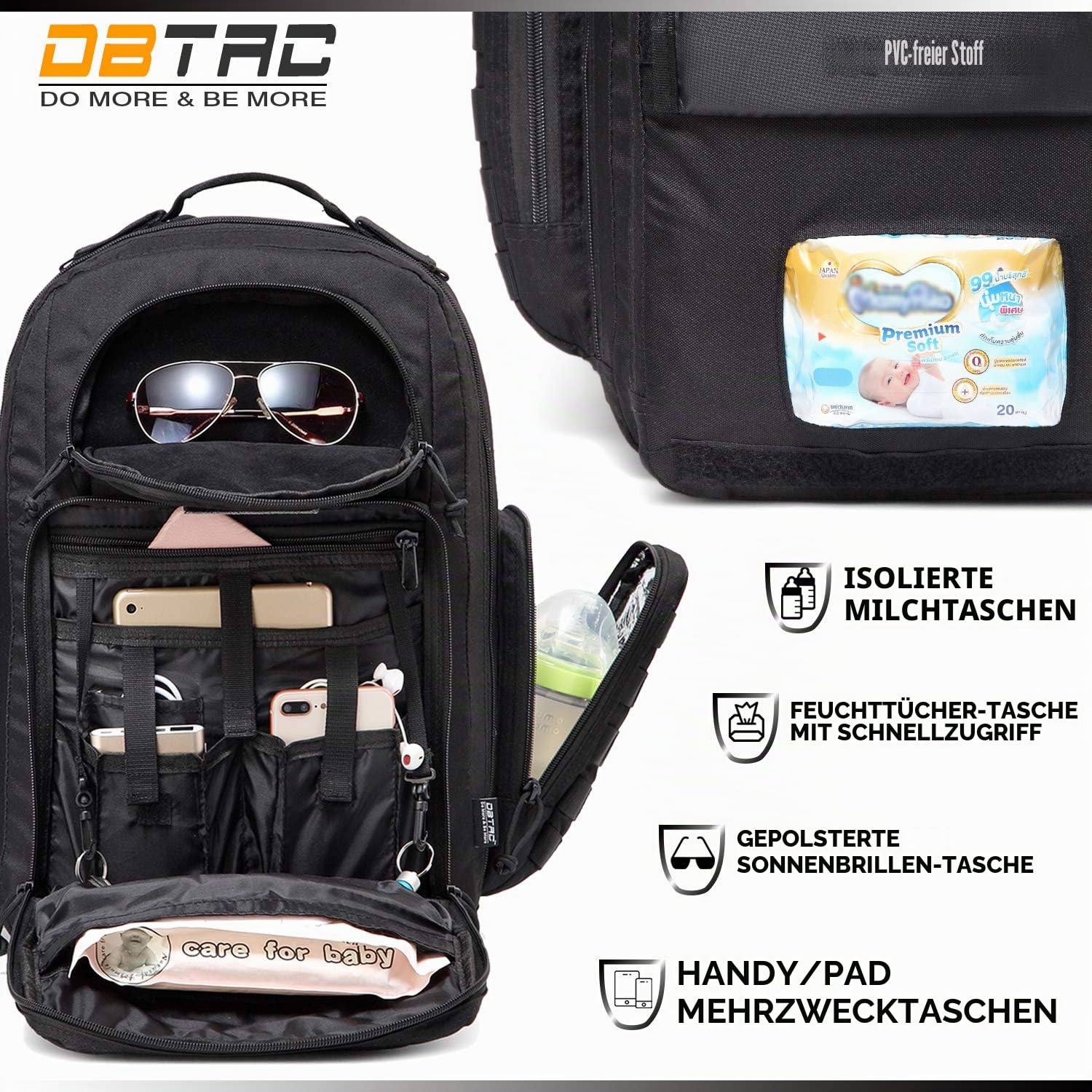 DBTAC Wickeltasche Rucksack für Papa, große Baby-Wickeltasche für Männer mit Wickelunterlage, isoliert + abwischbare Taschen, Kinderwagengurte, schwarz