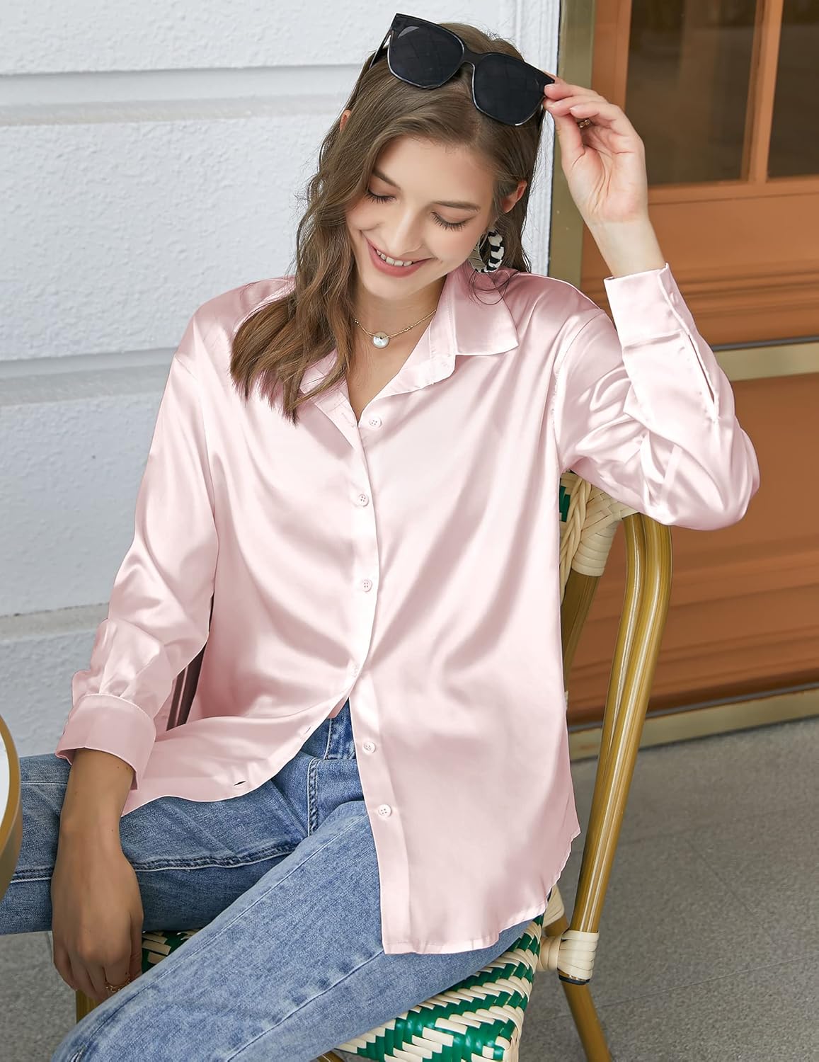 Chigant Women's Blouse Satin Silk Shirts Button Down Shirts Casual Loose Long Sleeve Office Work Tunic Tops - Image 3
