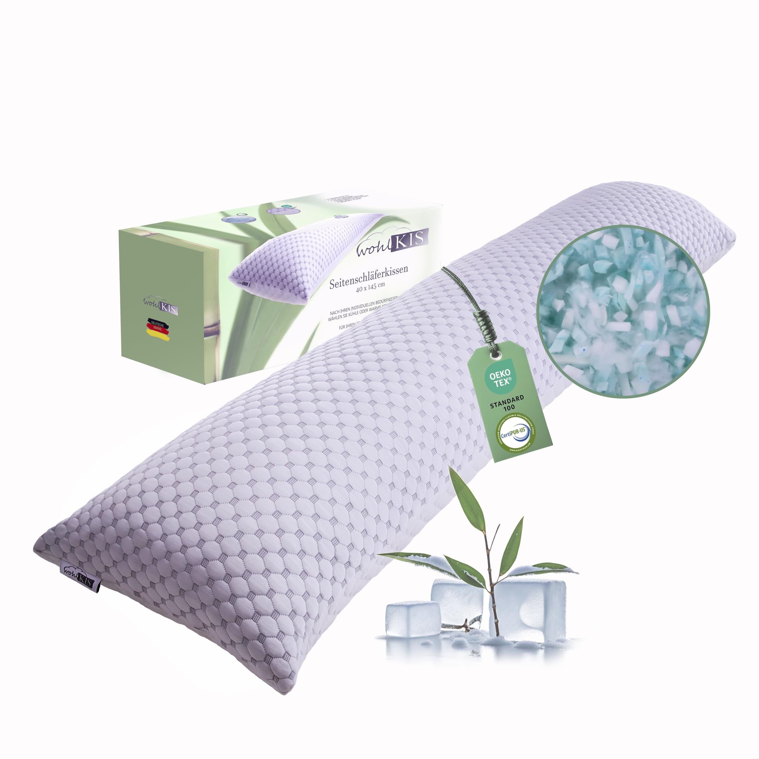 Seitenschläferkissen mit Bezug 40 x 145 cm - kühlendes Schwangerschaftskissen - Stillkissen mit Memory Foam - Orthopädisches Kissen - Pregnancy Pillow - Body Pillow - Schlafkissen