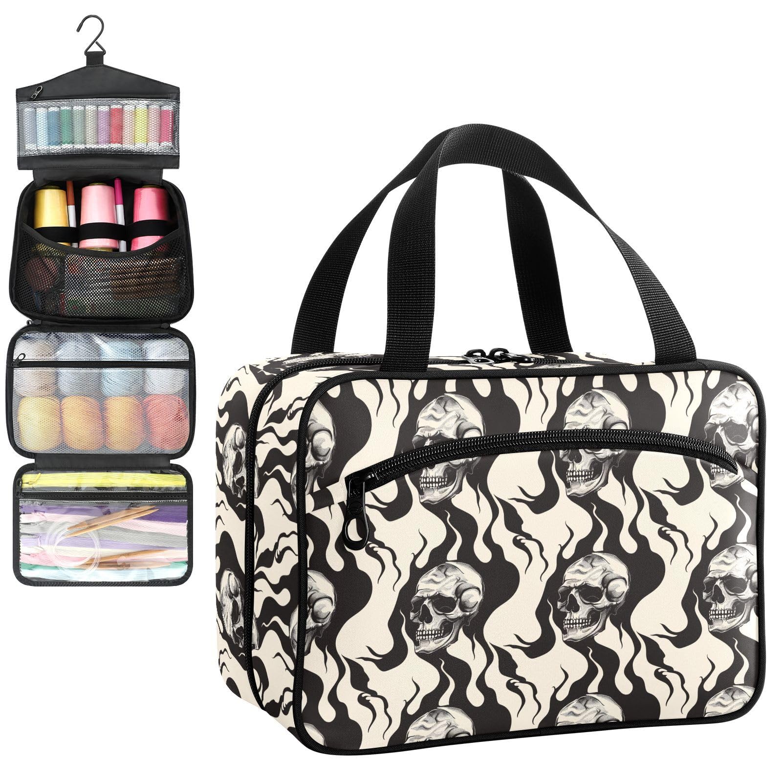 YNNALE Sewing Supply Organizer Bag, Black and Beige Skull and Abstract Flame Portable Sewing Bags with Pockets&Hanger, Sewing Storage Box Case for Sew Supplies/Kit/Tools/Accessories (BAG ONLY)
