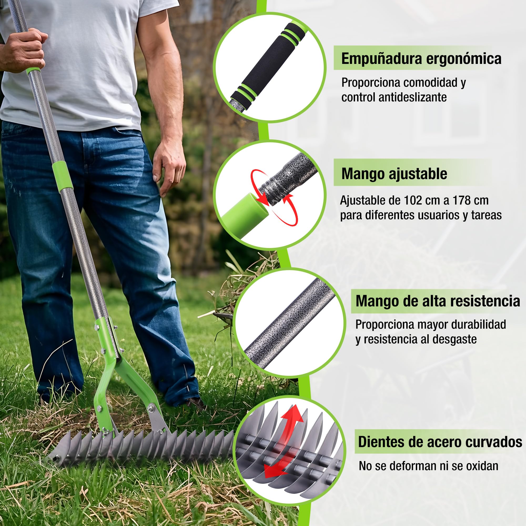 WORKPRO Rastrillo Escarificador para Césped 178 cm, Rastrillo Dethatcher Heavy Duty con Cabezal Ajustable y Mango Telescópico, para Eliminar Hierba Muerta, Restos de Corte y Aflojar el Suelo