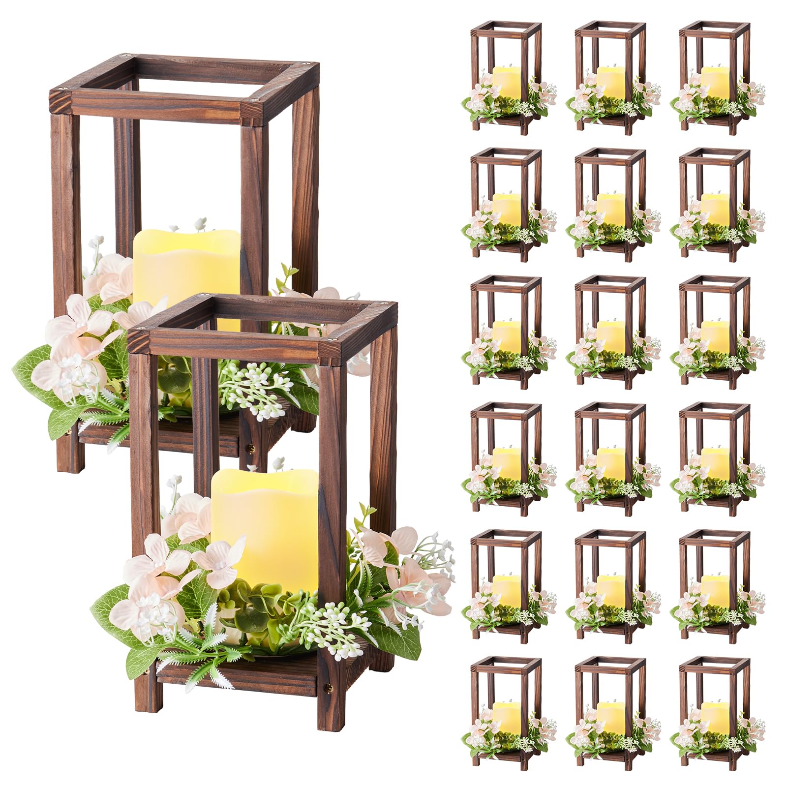 VEVOR 20 Set/60 Pcs Wooden Wedding Lantern Centerpiece, Includes 20 Wooden Lantern Candle Holder 20 Flameless LED Candle 20 Champagne Flower Wreath