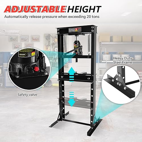Miniatura 3 de Prensa hidráulica para taller, prensa de rodamientos ajustable de 20 toneladas con placas de estampado para doblar, enderezar o presionar piezas,