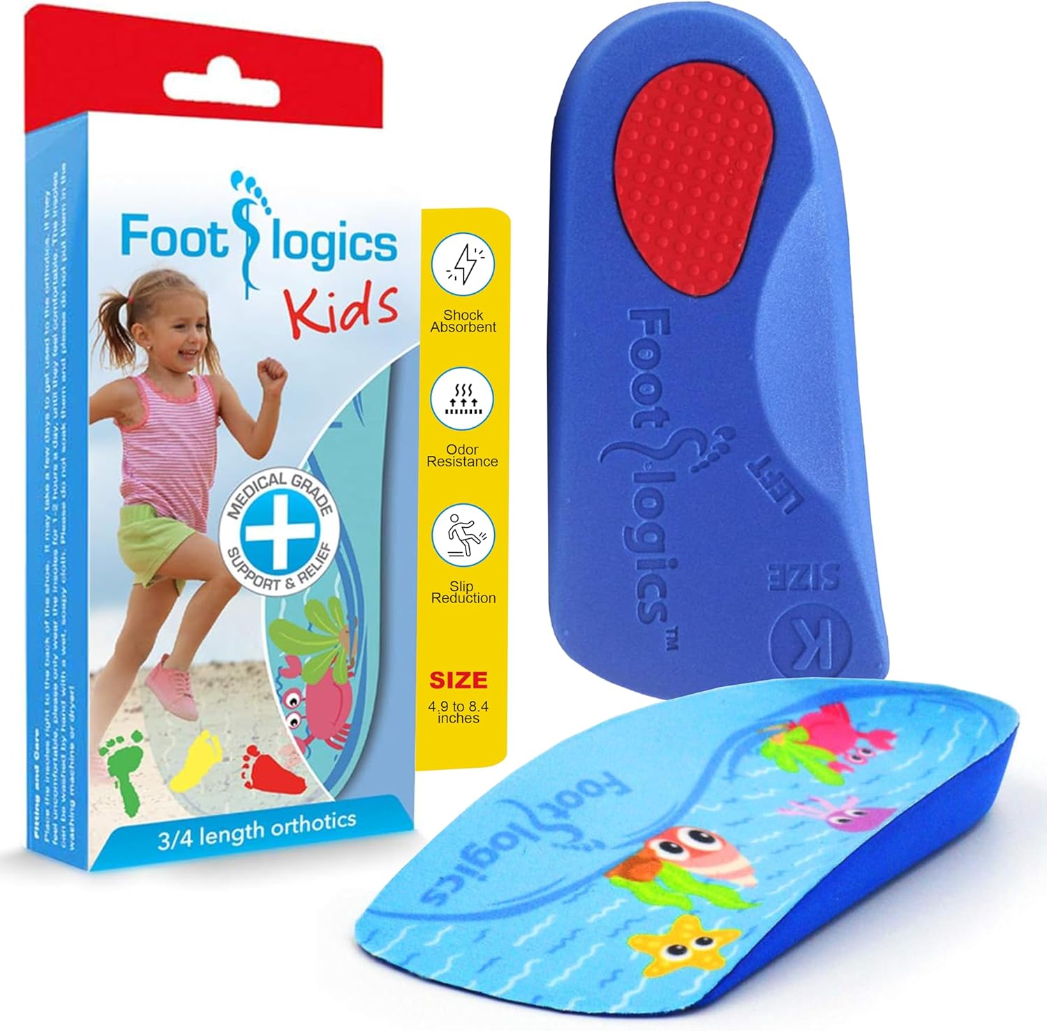Footlogics Kids Orthotic Shoe Insoles with Arch Support for Children’s Heel Pain (Sever’s Disease), Growing Pains, Flat Feet - Children’s, Pair 3/4 Length (Small Kids 11-13, Blue) 11-13 Small Kids