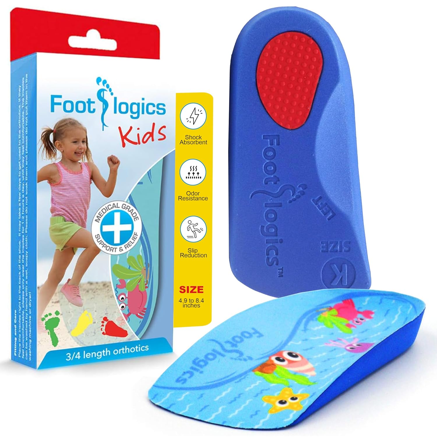 Footlogics Fun Kids Orthotic Shoe Insoles with Arch Support for Childrens Heel Pain Severs Disease Growing Pains Flat