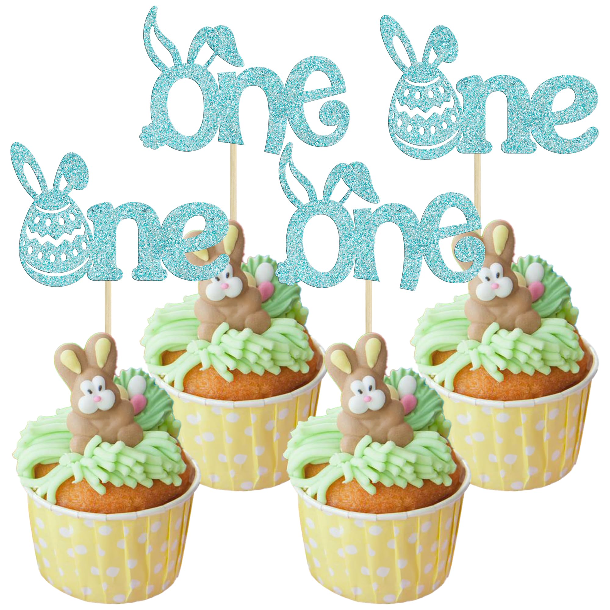 Ephlyn 24Pcs Easter Bunny One Cupcake Toppers Blue Glitter Happy Easter Cupcake Picks 1st Birthday Cake Decorations for Easter Theme Spring Birthday Baby Shower Party Supplies