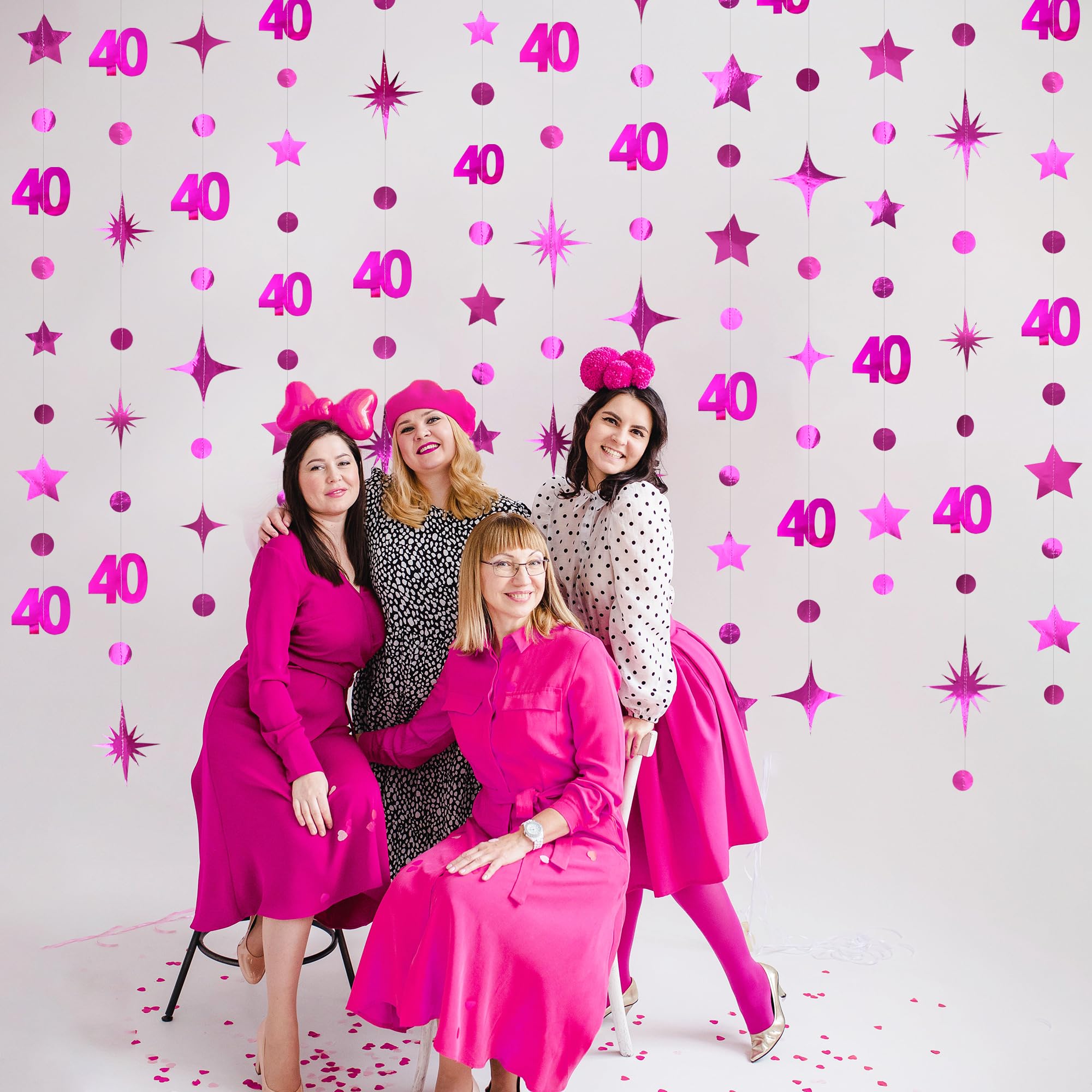 Dekoration zum 40. Geburtstag, Zahl 40, Kreis, Punkte, funkelnde Sterngirlande, metallisch, hängende Luftschlangen, Wimpelkette, Banner, Hintergrund für Frauen zum 40. Geburtstag, Partyzubehör