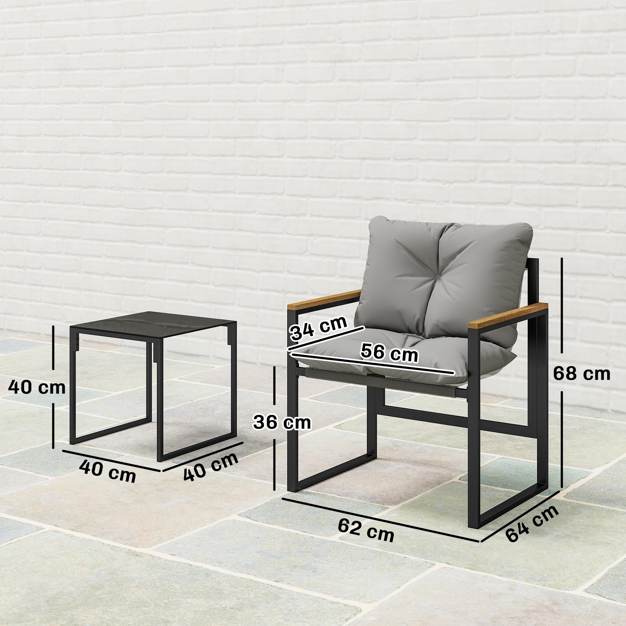 Outsunny Set da Bistrò da 3 Pezzi, Set da Giardino con 2 Sedie Texteline, Tavolo Vetro Temperato, Cuscini Spessi, Braccioli Decorativi, Set di Mobili da Giardino in Metallo, per Patio Balcone, Grigio