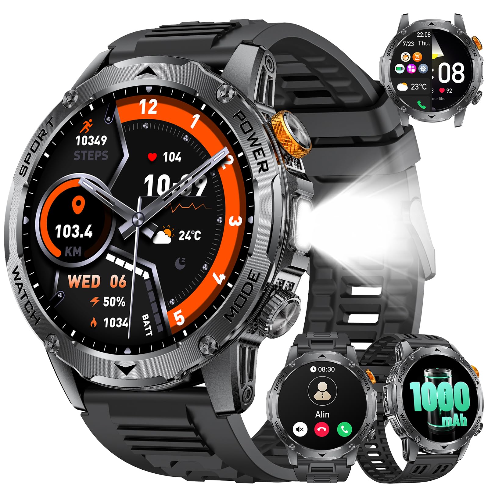 LIGE Montre Connectée Homme avec Appel Bluetooth-1000mAh Batterie,1.75" HD Grand Écran/LED Lampe,24/7 Sommeil/Fréquence Cardiaque,110 Sportifs IP68 Étanche Smartwatch Homme pour Android iOS, Silicone