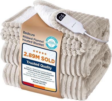 Bedsure Ribbed Electric Blanket Twin, Cream Heated Blanket, Preheat