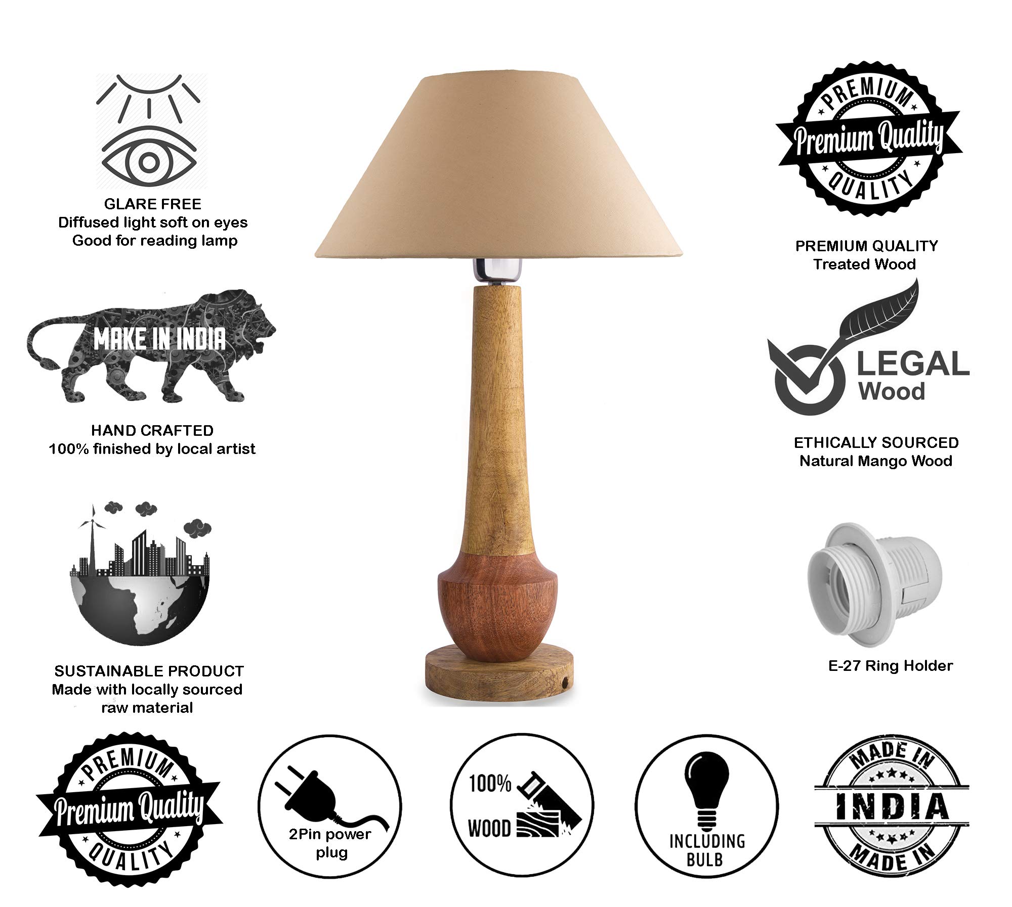 Homesake® Handcrafted Wooden Table Lamp for Bedroom & Living Room|Decorative Bedside Reading Lamp with Fabric Shade, E27 Holder|Bulb Included|Classic Cubist Wooden Base for Home Décor, Golden Cone 3