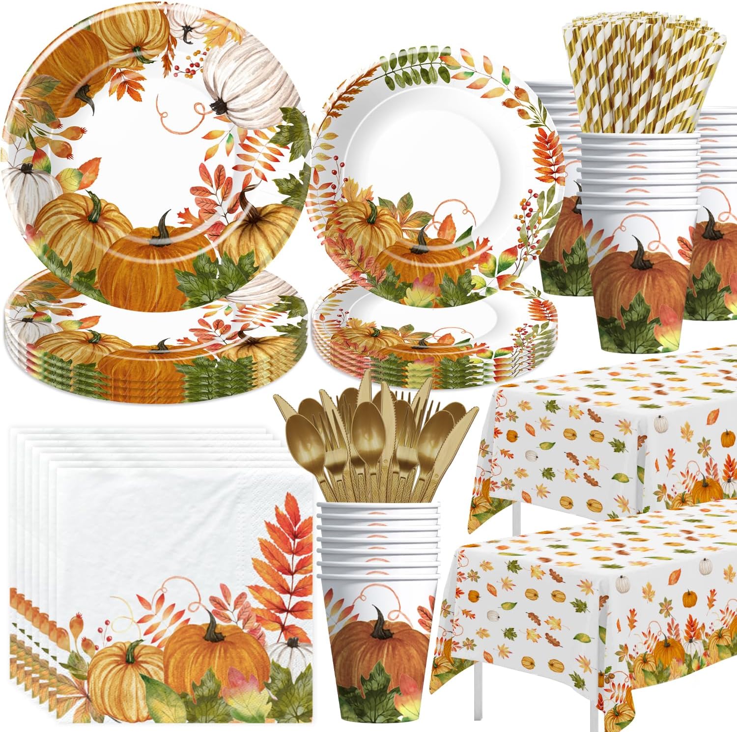 Thanksgiving Party Decorations Tableware, Fall Autumn Leaves Pumpkin Theme Thanksgiving Paper Plates and Napkins Party Supplies, Plate, Cup, Napkin, Tablecloth, Disposable Cutlery, Serves 24