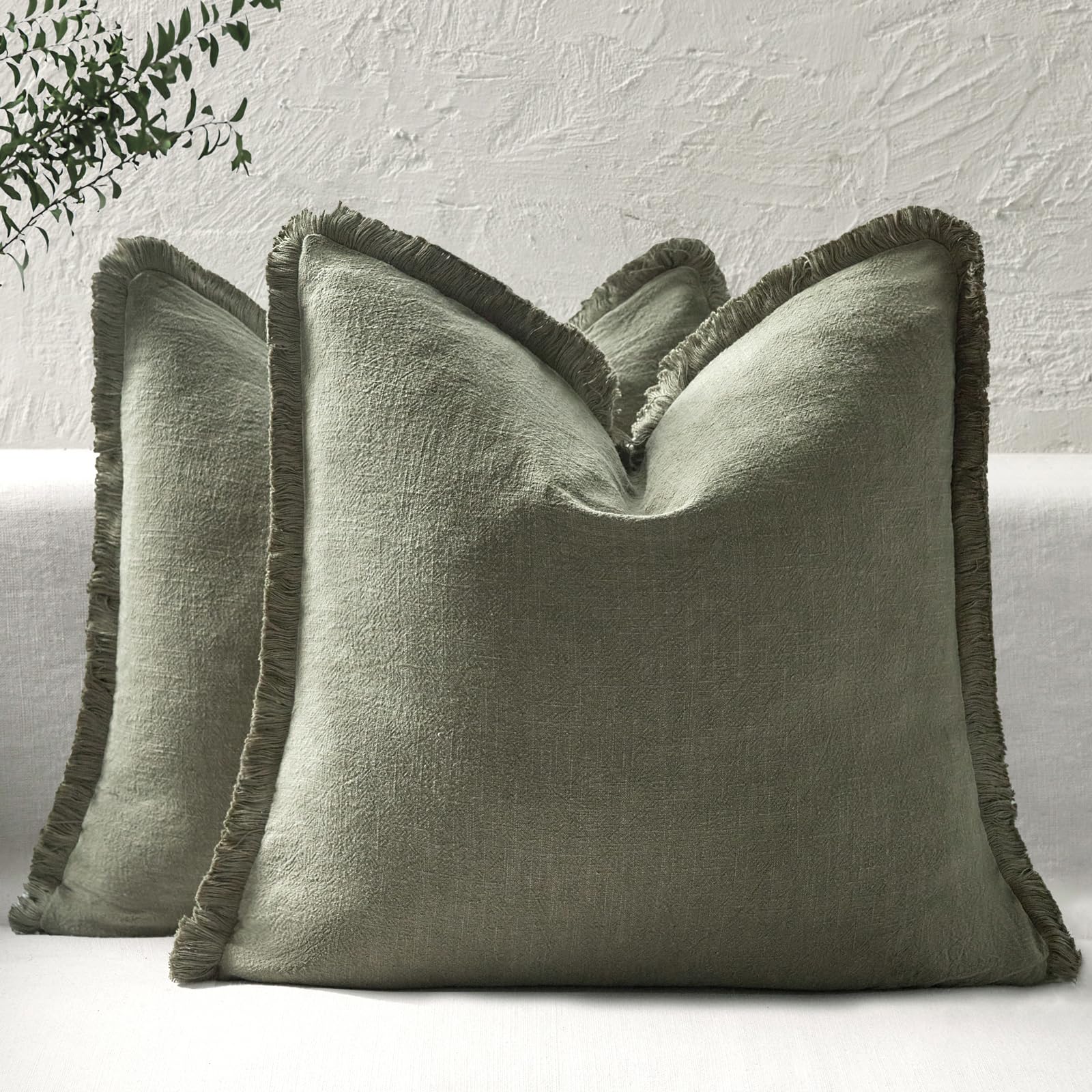 ROMANDECO Boho Decorative Throw Pillow Covers with Fringe for Couch, Living Room, Bed Set of 2, 22x22 Inches, Olive Green