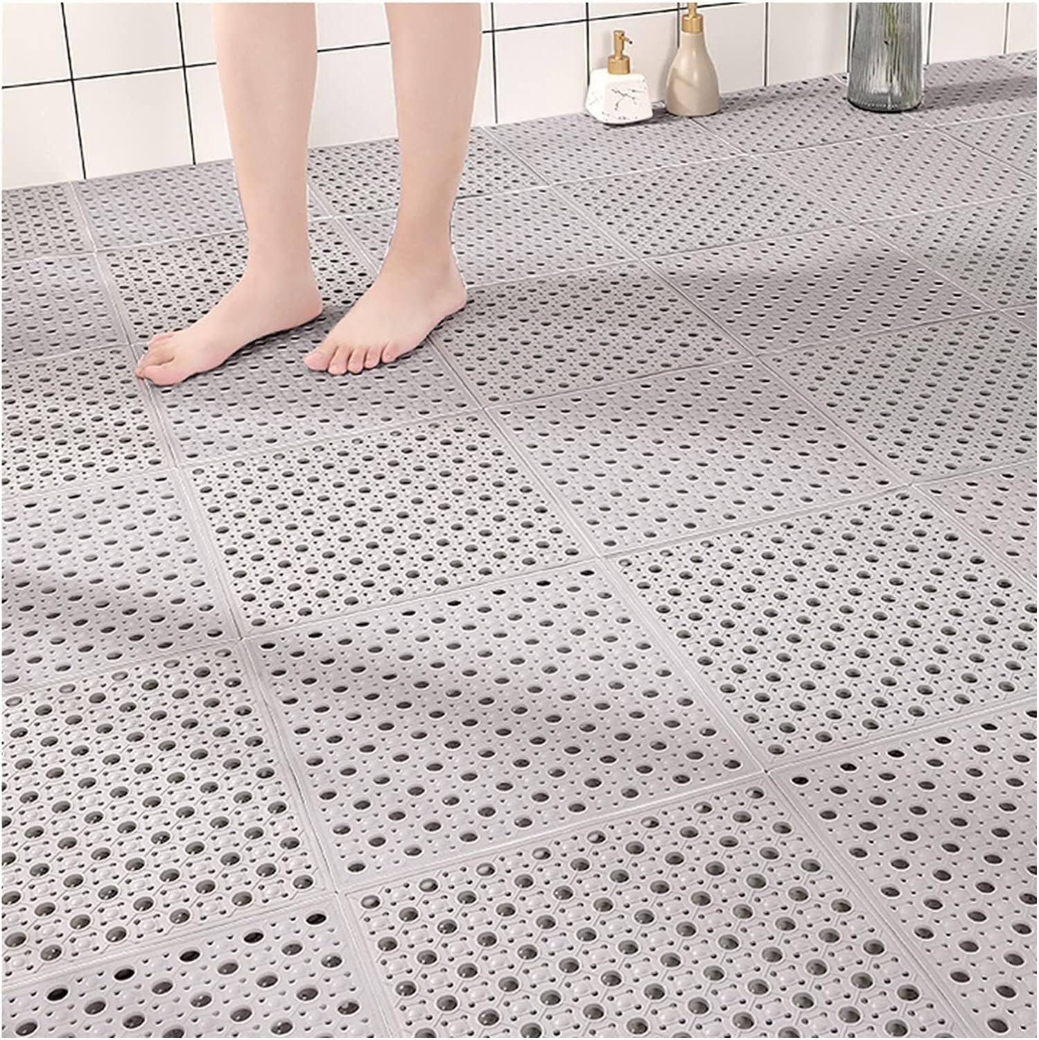 Tappetini Antiscivolo in PVC Tappetino Antiscivolo for drenaggio, Tappetino in TPE for giunzioni for Bagno con Ventosa Antiscivolo Tappetino Antiscivolo(Grigio,12pcs)