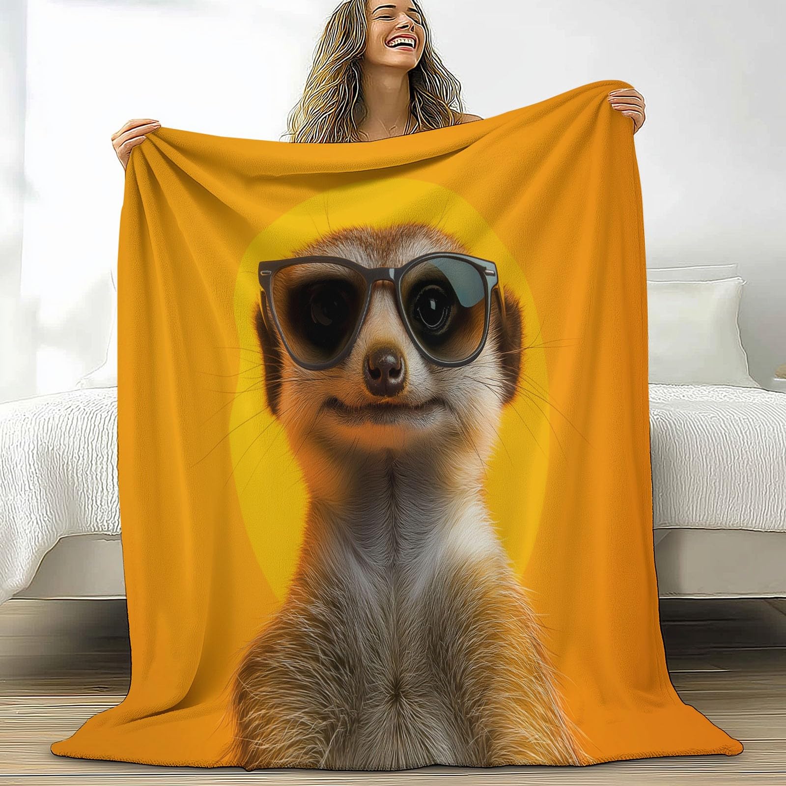 Couverture Plaid Animaux Suricates Avec Des Lunettes De Soleil 220 x 240 cm Flanelle Microfibre Couverture Polaire, Couleur Orange Moelleuse Chaudes Légères Couvertures pour Voyager Lit ou Canapé