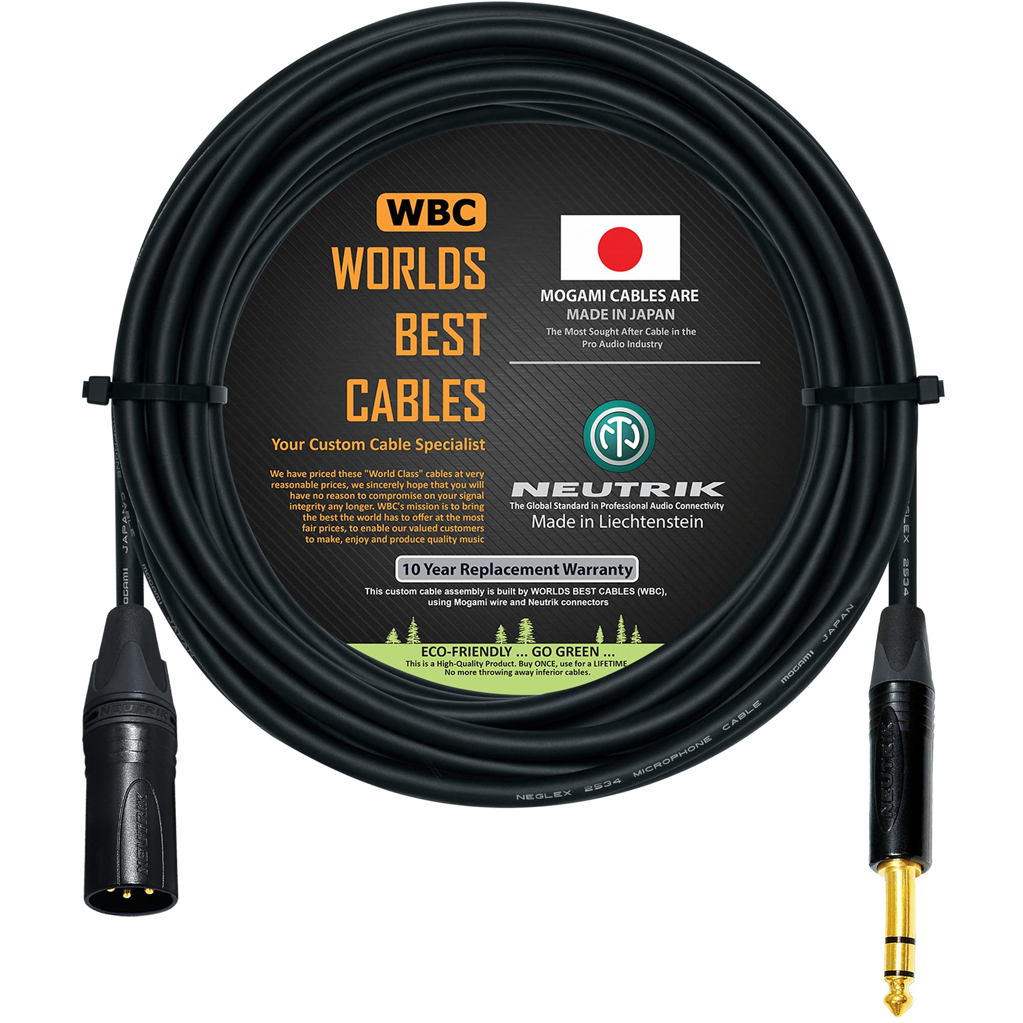 50 Foot - Quad Balanced Patch Cable Custom Made by WORLDS BEST CABLES – Using Mogami 2534 Wire and Neutrik NC3MXX-B Male XLR & NP3X-B TRS Stereo Phone Plug.
