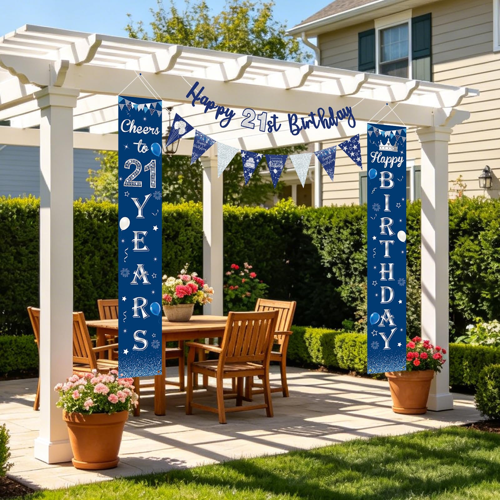 Happy Birthday Porch Sign,Blue Silver Birthday Door Porch Sign Printable Door Bunting Banner Kit for Indoor Outdoor Decor 16th 21st 30th 40th 50th Party Supplies