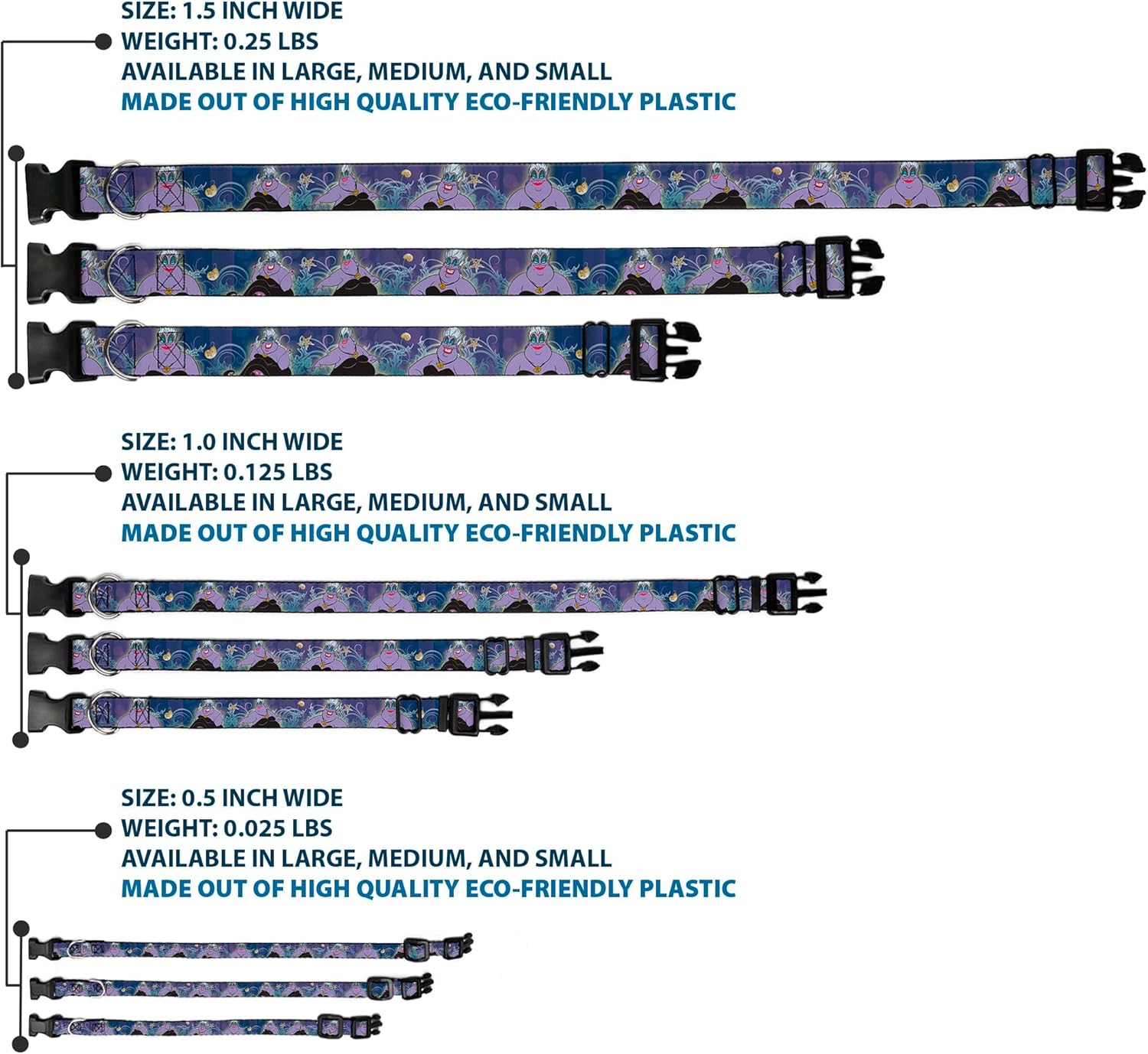 Buckle-Down Plastic Clip Collar - Ursula 4-Poses/Shells/Ivy/Bubbles Purples/Blues - 1.5" Wide - Fits 16-23" Neck - Medium