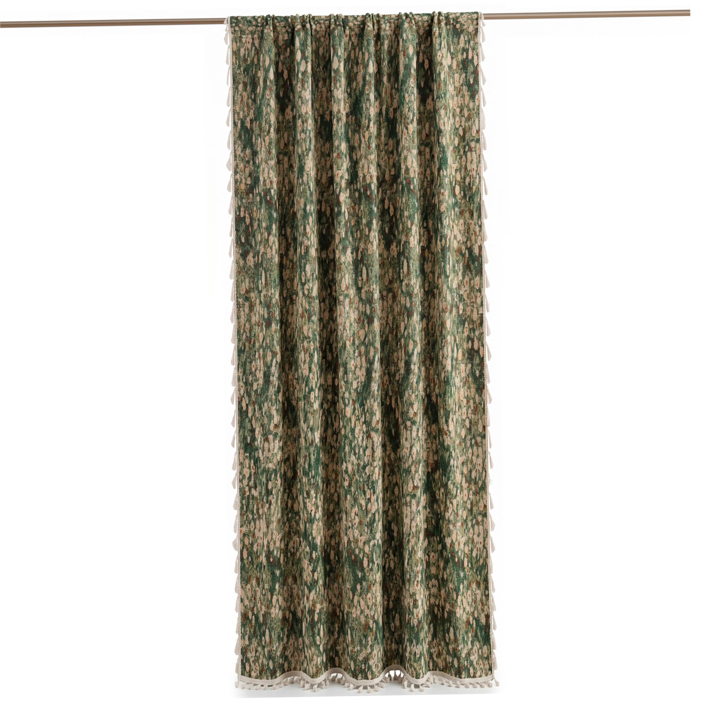 Neptuiby Floral Blackout Curtains, Vintage Cottage Core Boho Floral Jacquard Curtains Semi-Blackout Fringed Drapes (Green, 59x94 Inch).