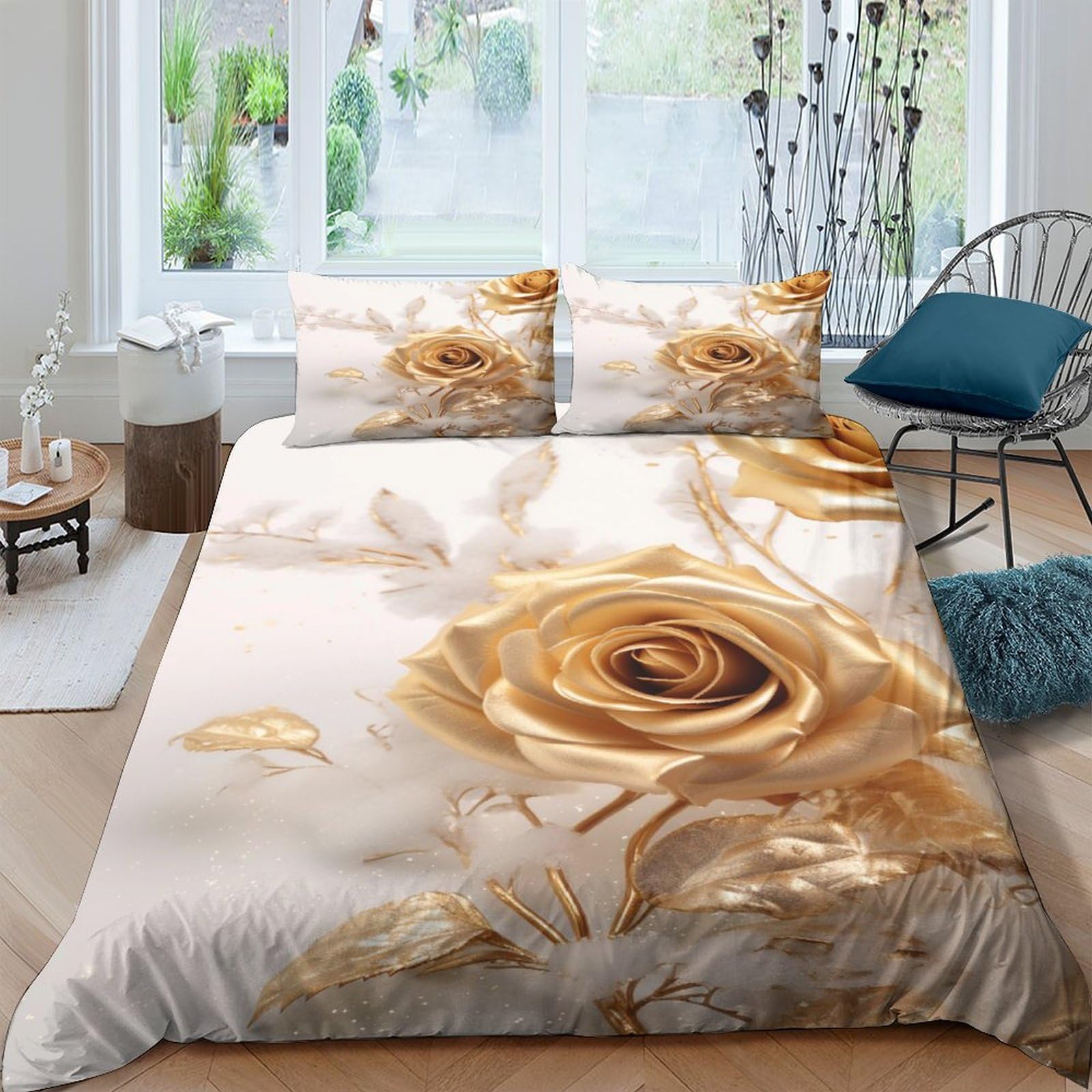 HOUKIG Golden Rose 3D Printed Duvet Cover Set Microfibre Romantic Style Comforter Cover 3Pcs Bedding Sets with 2 Pillowcase Quilt Covers with Zipper Closure For Boys Girls Teenagers King（220x240cm）