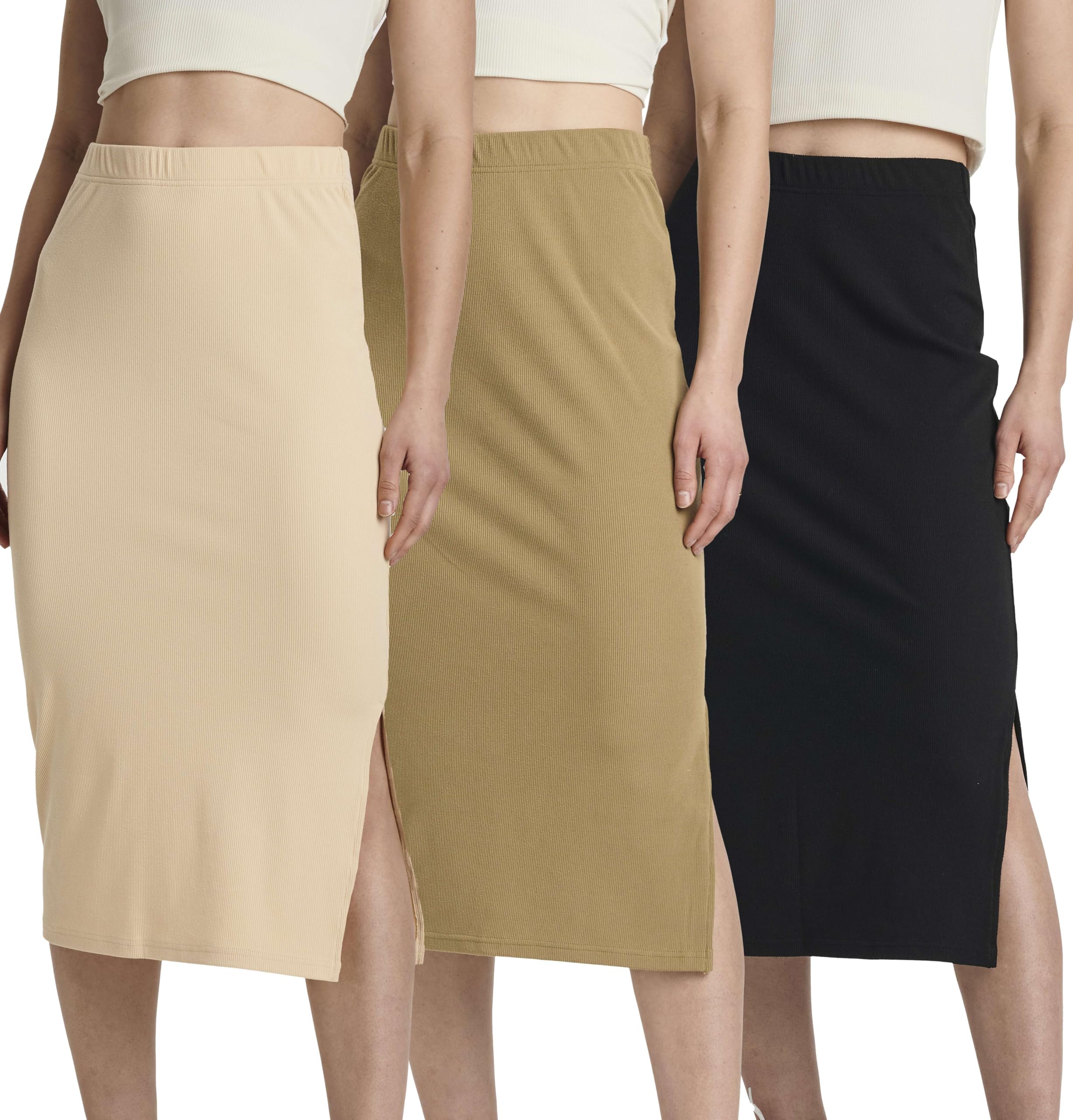 Real Essentials 3 Pack: Women's Midi Ribbed Knit Skirt with Side Slit - Stretchy Work Business Casual Pencil Pull-On Skirts