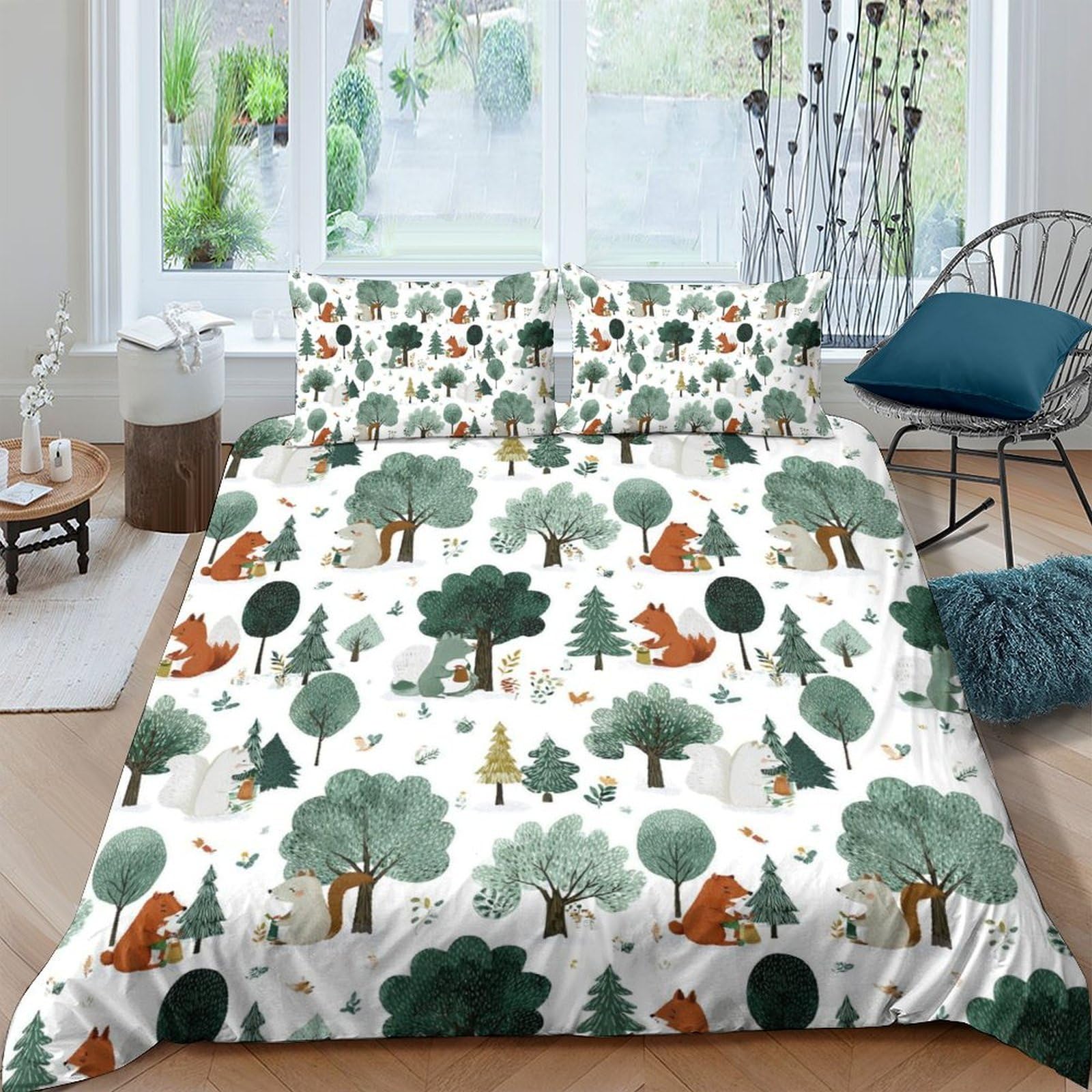 Ctjqhvkz Style-9 3D Printed Forest Fox Fitted Sheet Microfiber Soft Woodland Trees Bed Sheet For Bedroom Guest Room Decor Single（135X200cm）