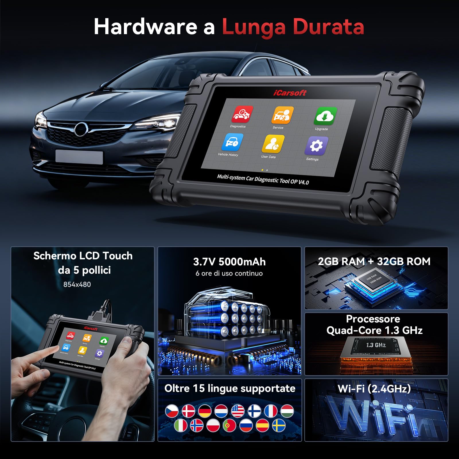 iCarsoft OP V4.0 OBD2 Auto Diagnostica per Opel/Vauxhall + 2 Marche Opzionali, Diagnosi Auto Professionale in Italiano Tutti i Sistemi, 34 Servizi, Test Bidirezionale, Auto VIN, Aggiornamento WiFi