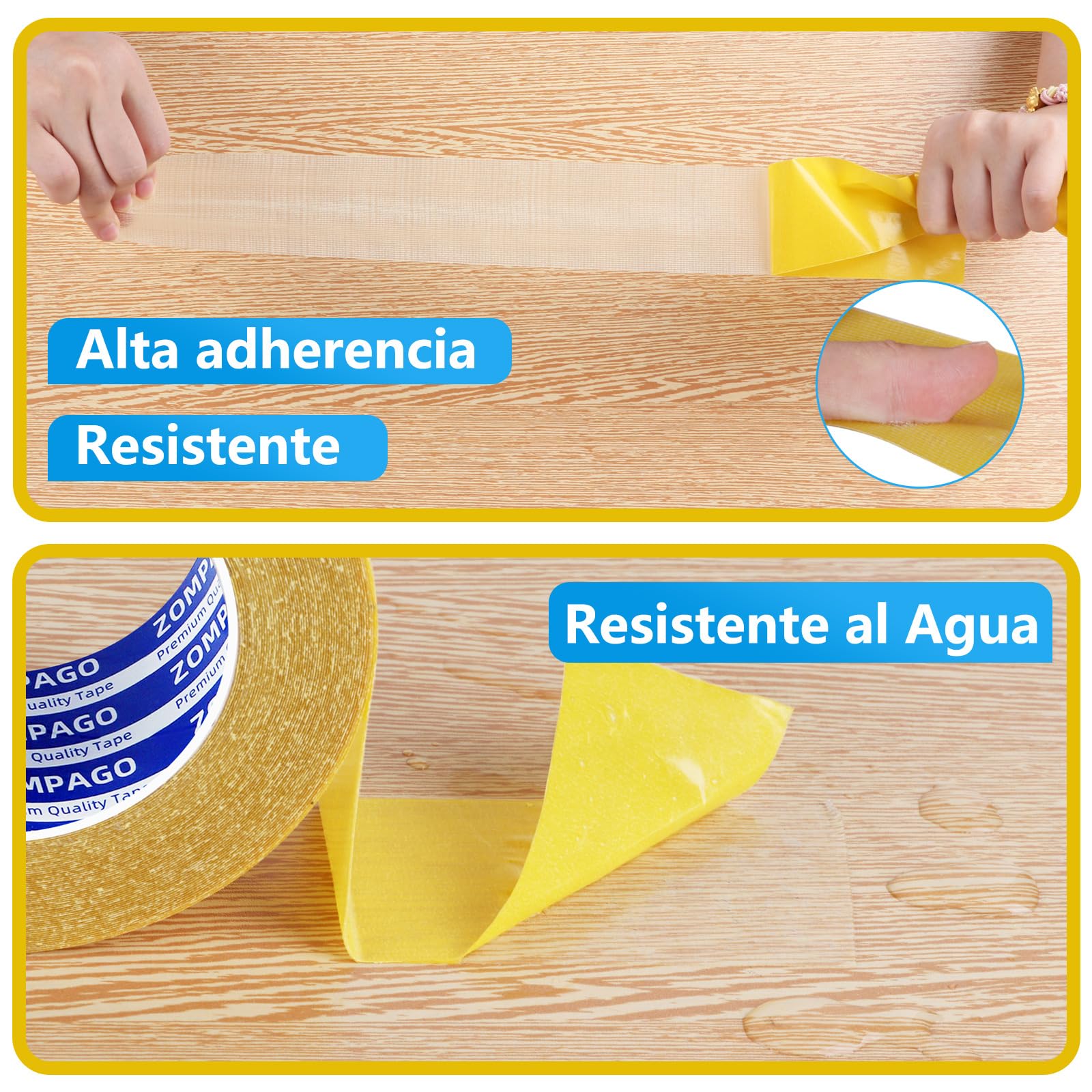 ZOMPAGO Cinta de alfombra doble cara 10m, adhesivo fuerte, sin residuos, fácil instalación. Ideal para suelos de madera, baldosas y alfombras, uso hogar y oficina, 2.5 cm de ancho