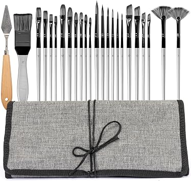 H & B 25 PCS Acrylic Paint Brush Set with Canvas Roll for Oil Watercolor