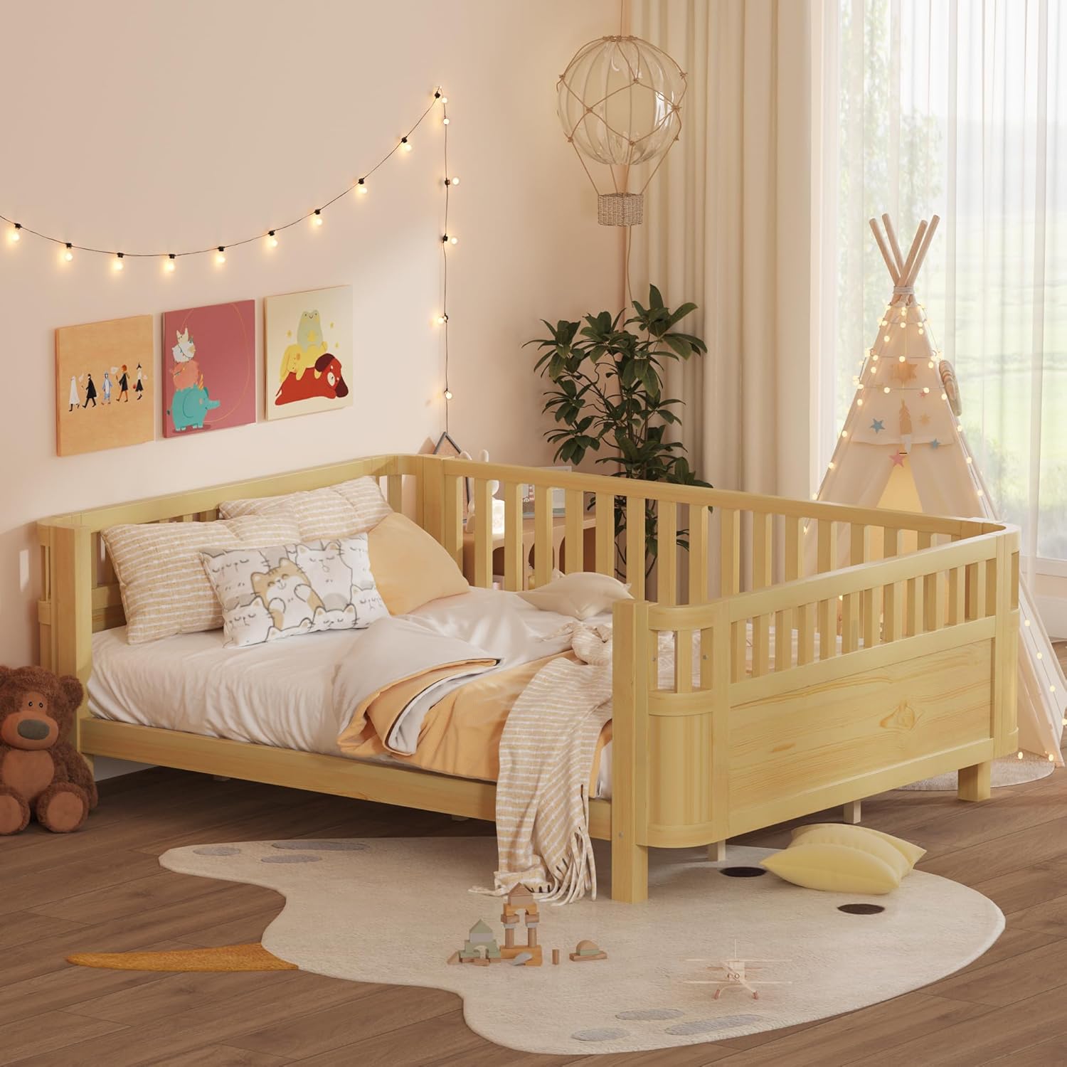 Queen Size Bed Frame Kids with Rails, Wood Montessori Bed with Slats Support, Modern Daybed with Detachable Side Bed Rails for Boys Girls Bedroom,Low to Ground Design, Natural